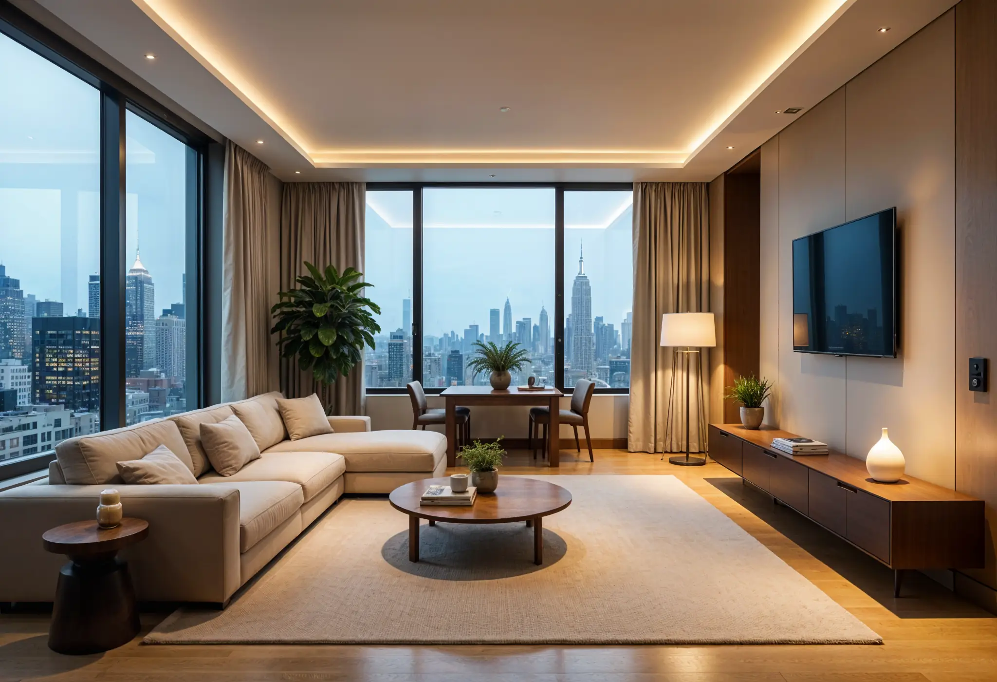 Manhattan smart living room with energy efficient LED lighting and automation