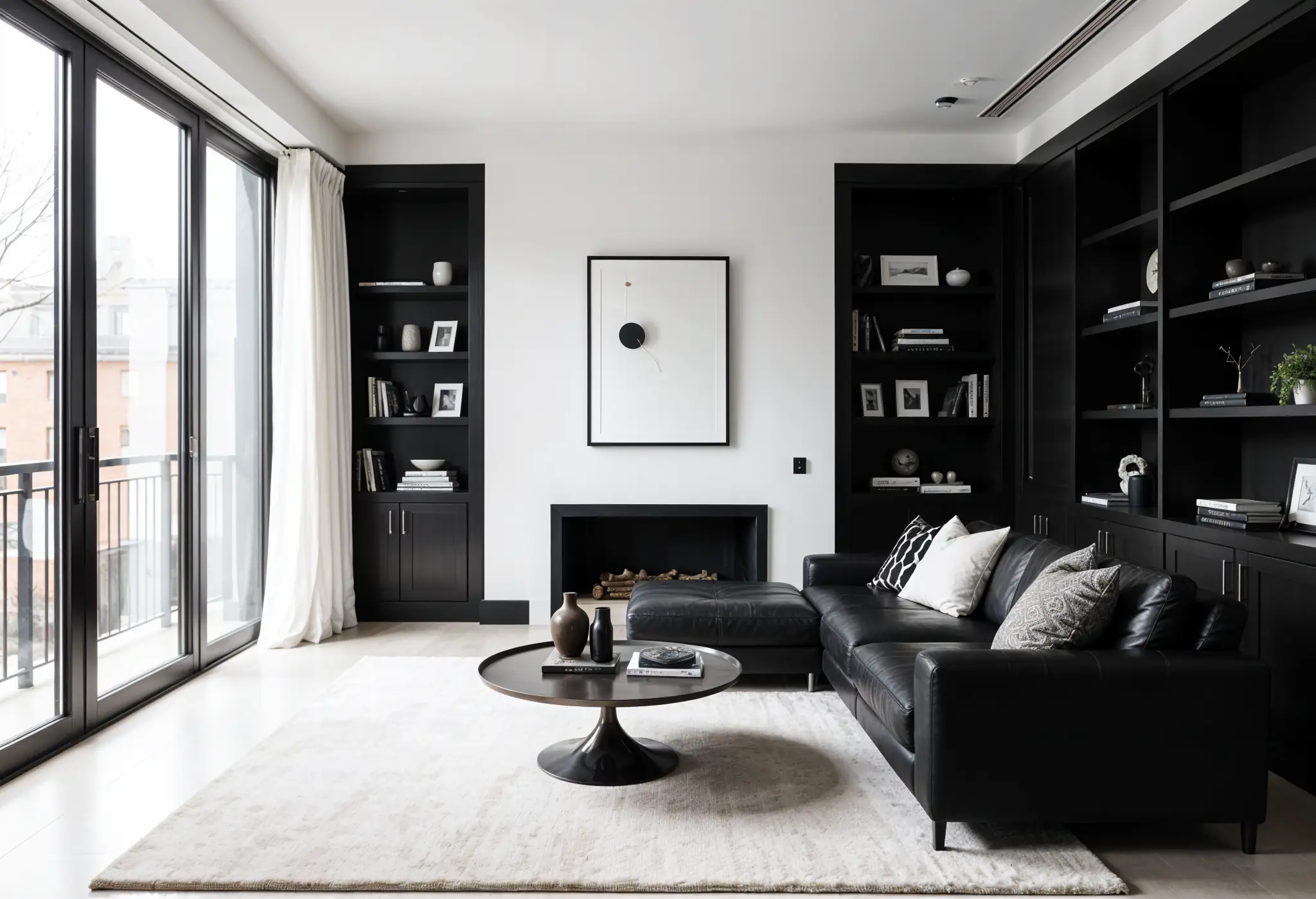 Modern monochrome Manhattan living room with black, white, and gray color scheme