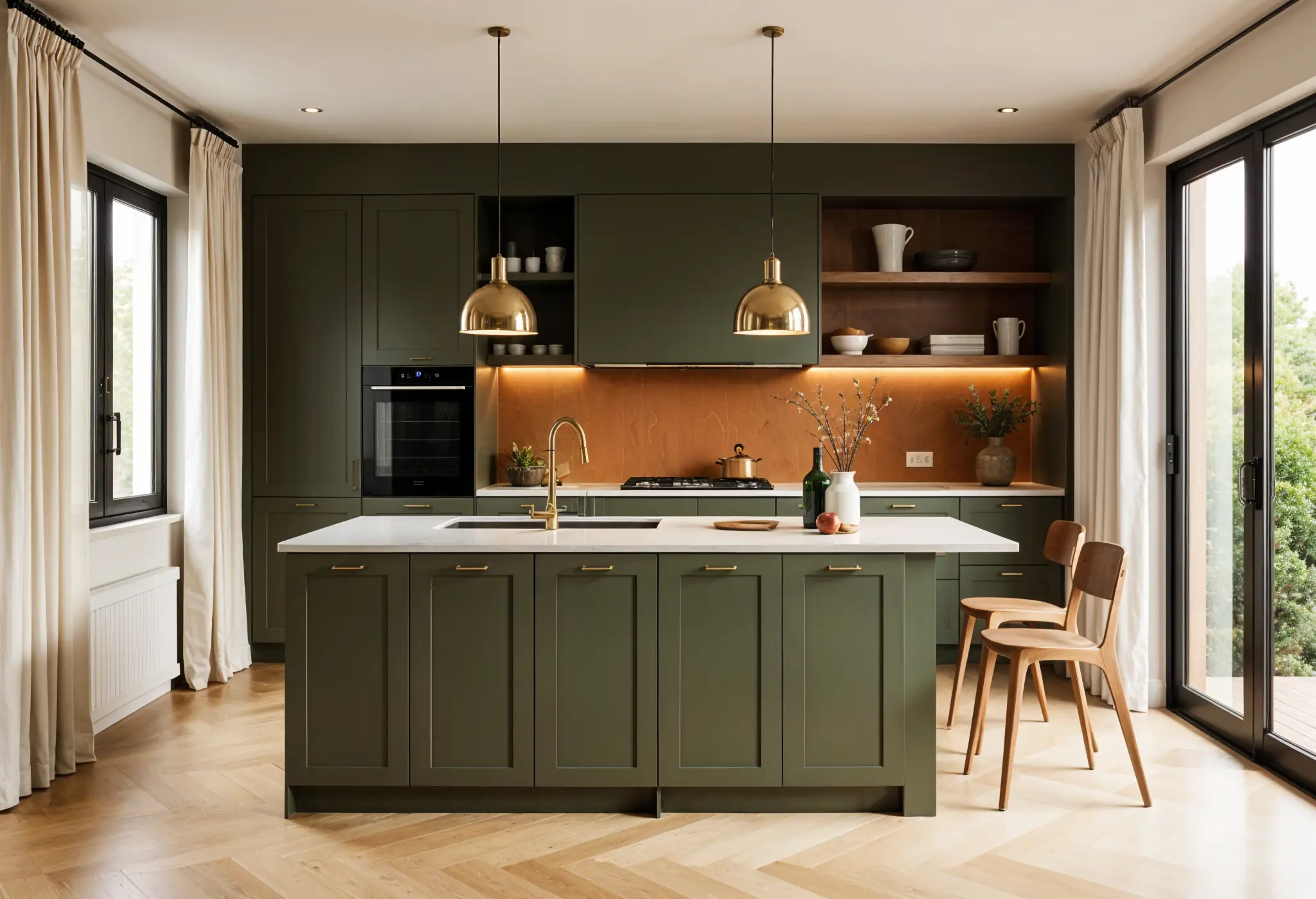 Luxury kitchen in earthy elegance palette with olive cabinets and terracotta backsplash