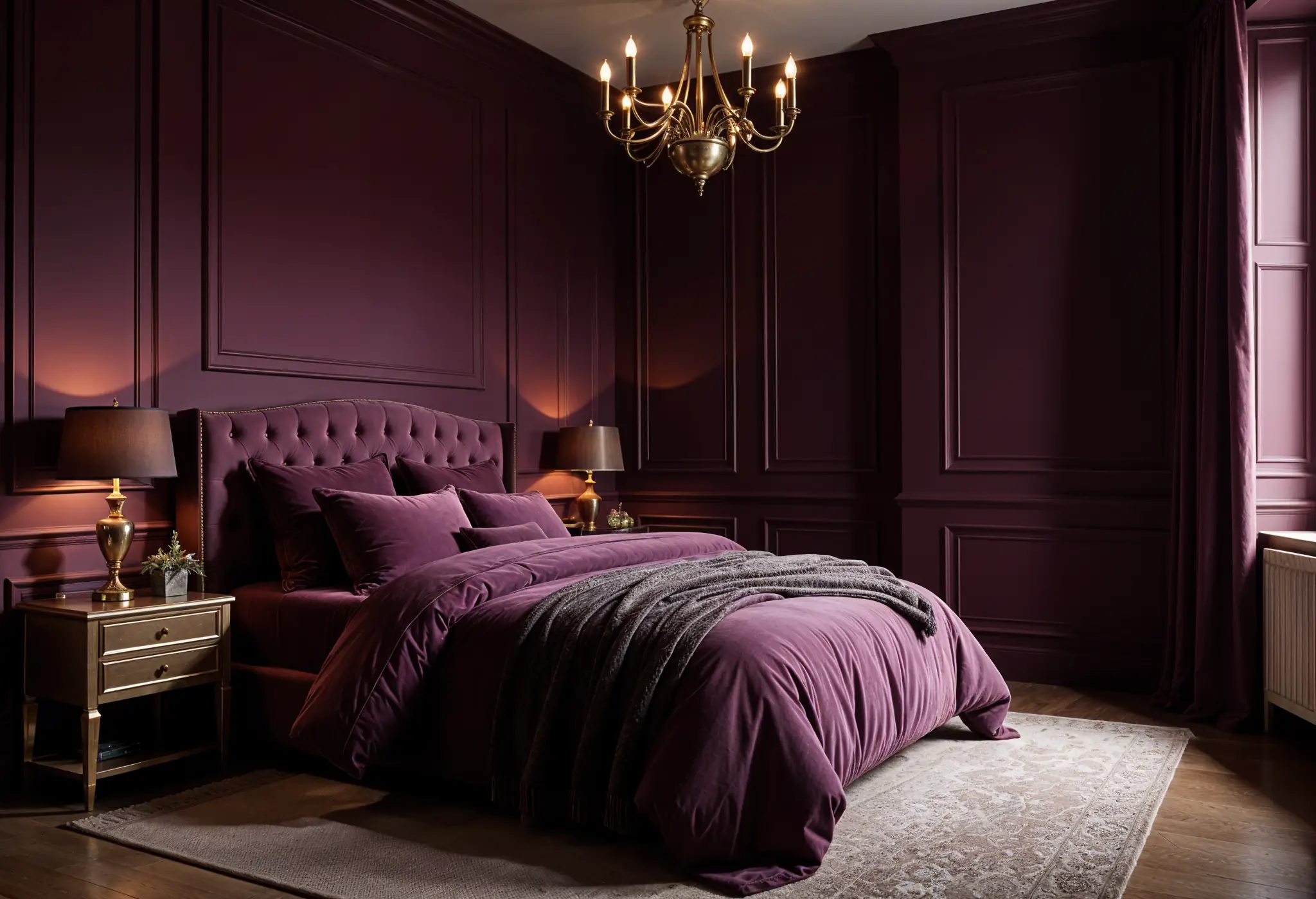 Elegant bedroom with plum walls, gold accents, and velvet textures