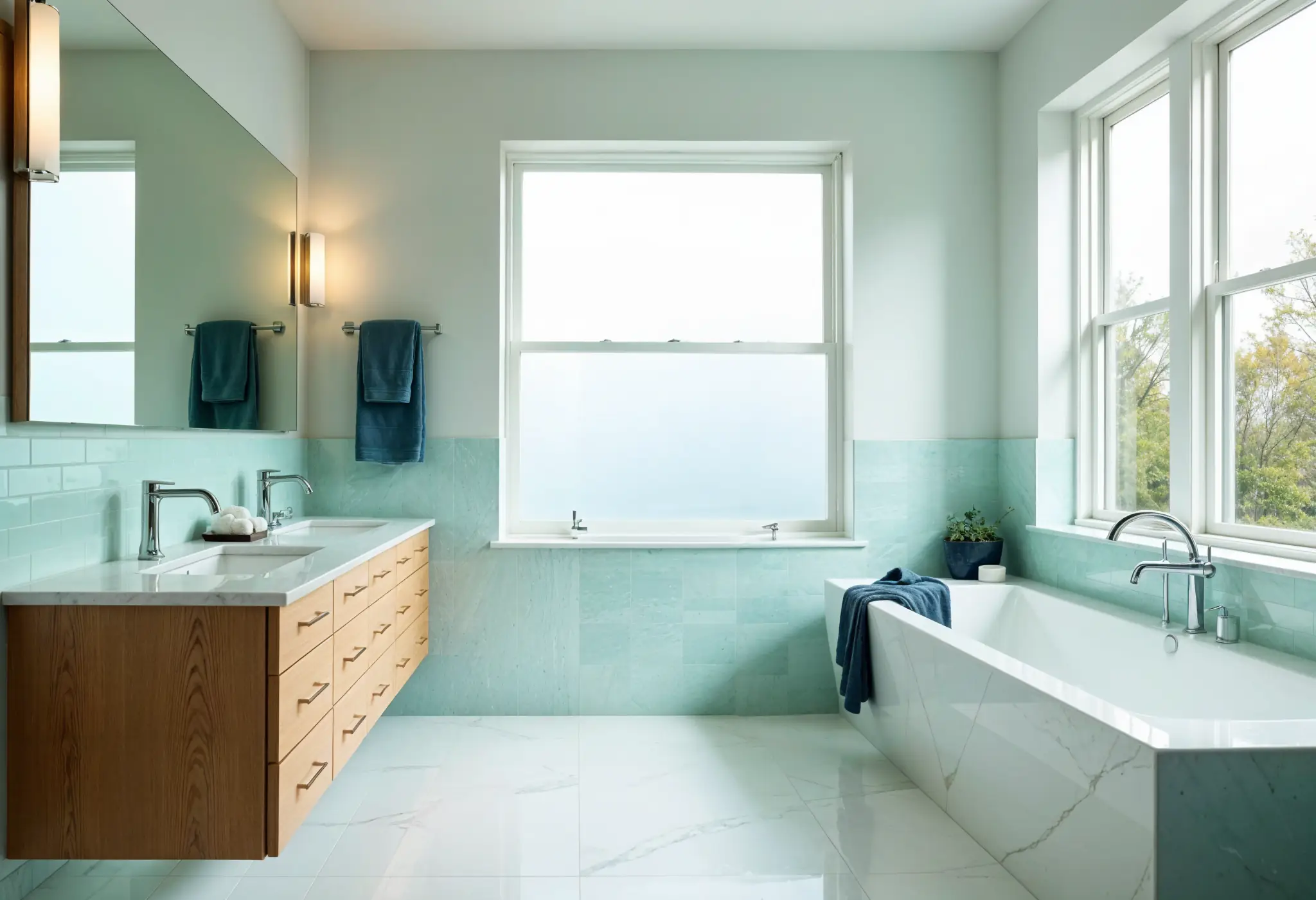 Luxury bathroom in oceanic opulence palette with sea-glass green and oak wood