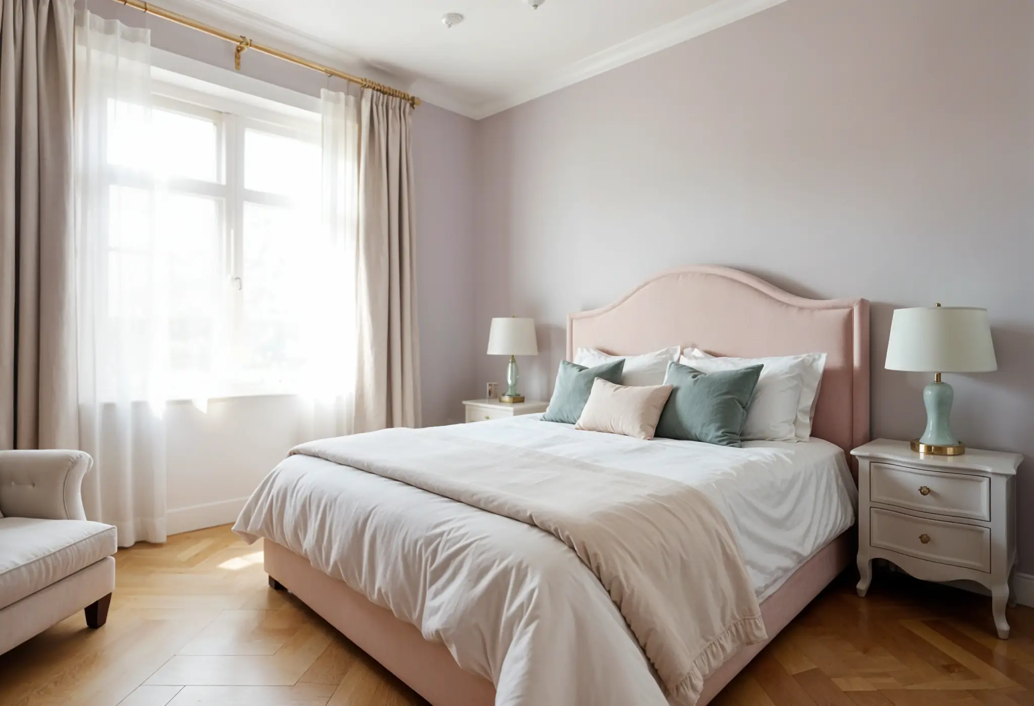 Luxury pastel bedroom with lavender, blush, and mint tones