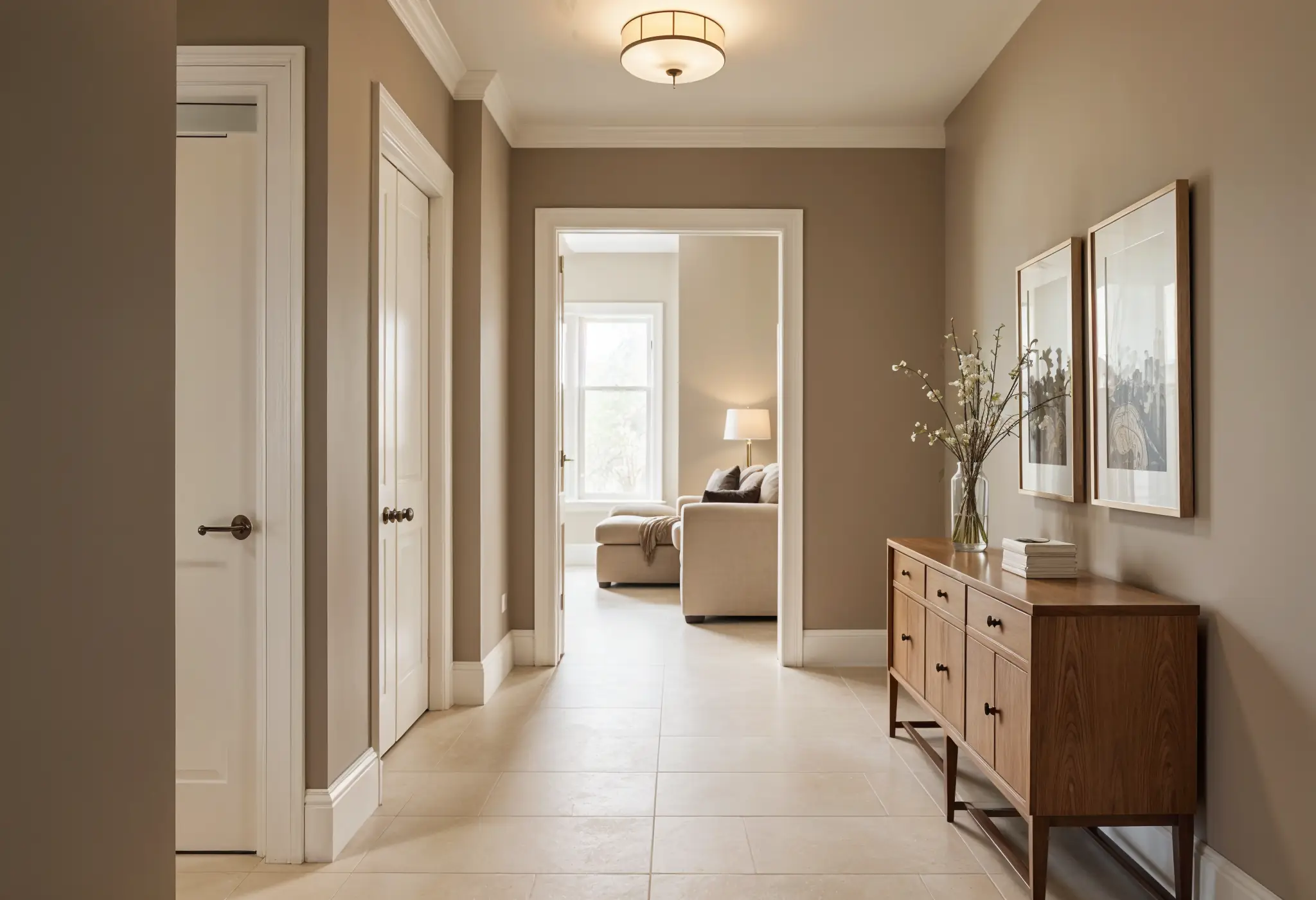 Luxury apartment entryway with taupe walls and stone floors