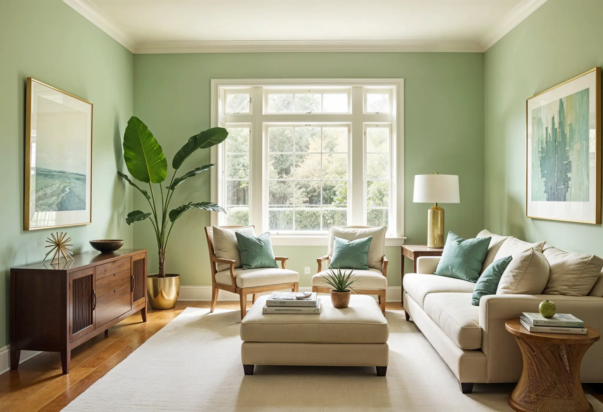 Luxury living room using 60-30-10 color rule in sage, ivory, and gold