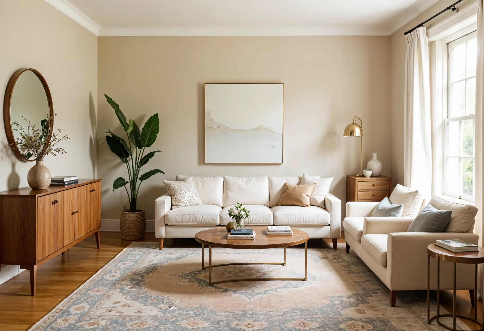 Living room with vintage rug, walnut console, and modern white sofa in cohesive color palette.