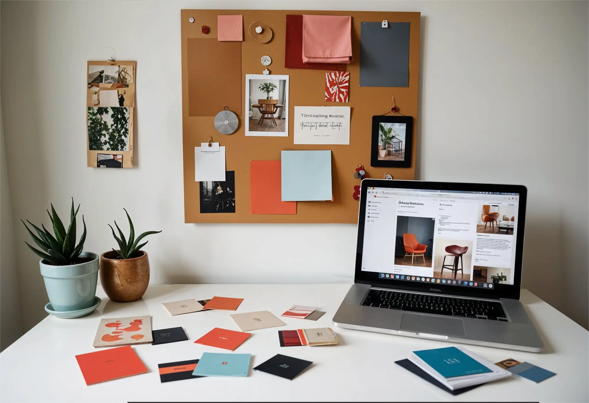 Mood board with fabric swatches and vintage-modern inspiration for interior design planning.
