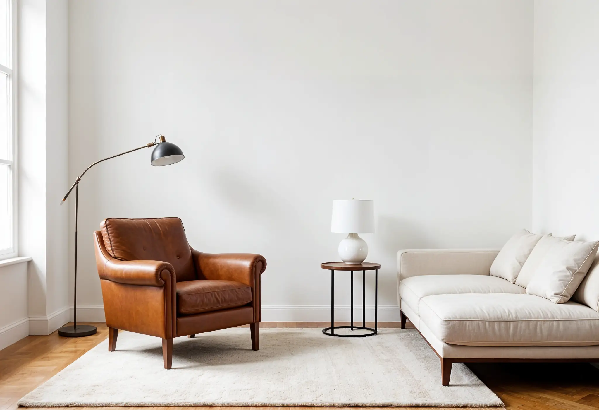 Modern room with white walls and vintage leather chair as focal point.
