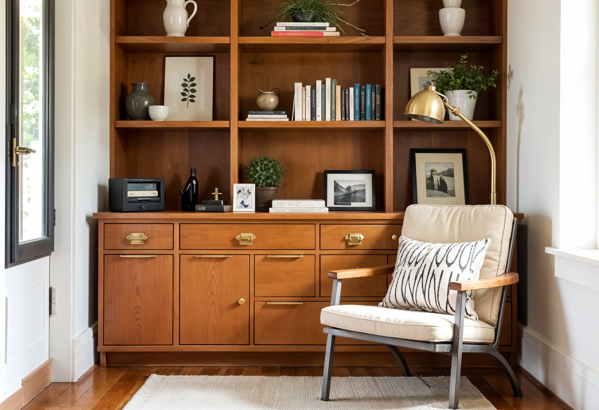 Reading corner with modern chair and vintage bookshelf grouped by function.