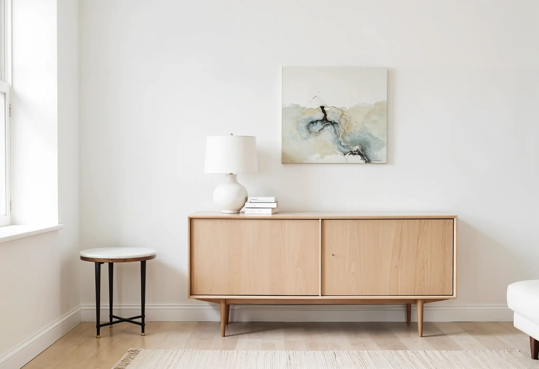 Carefully spaced furniture showing vintage and modern mix with clean layout.