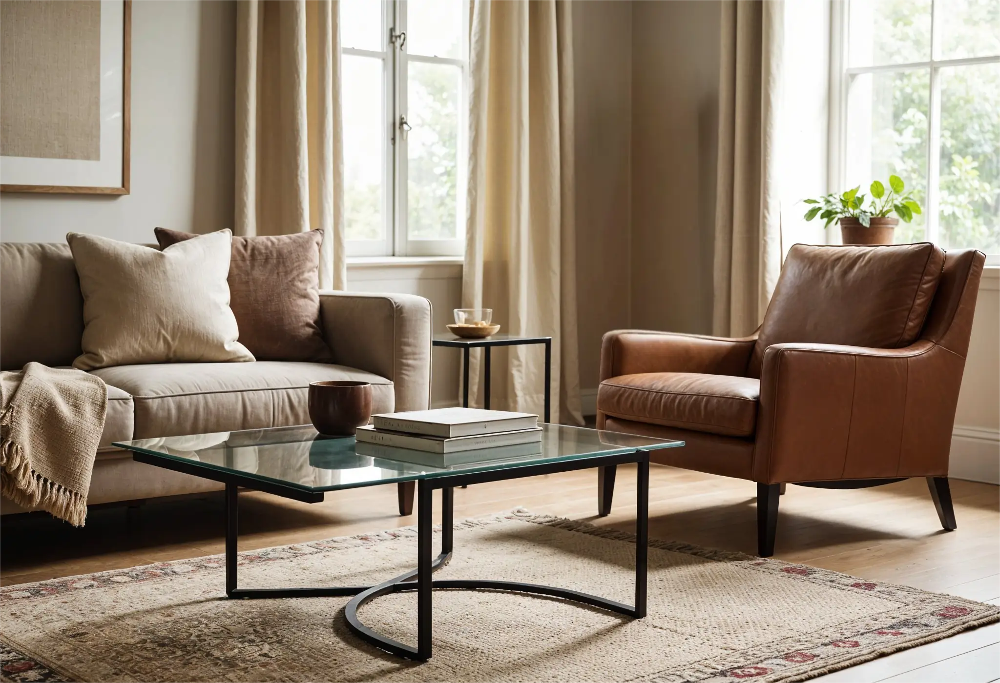 Modern living room with glass, leather, linen, and layered textiles.