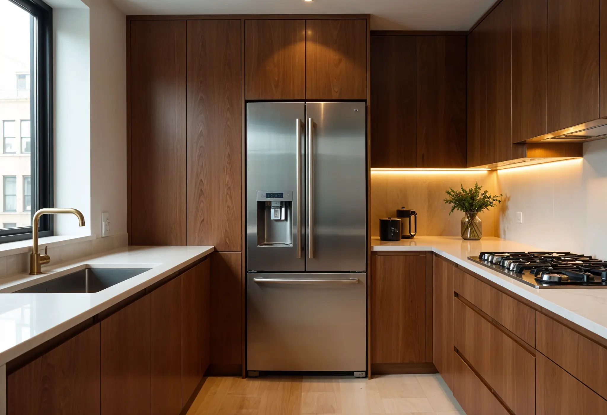 Tall integrated refrigerator hidden behind walnut panels in a compact Manhattan kitchen.
