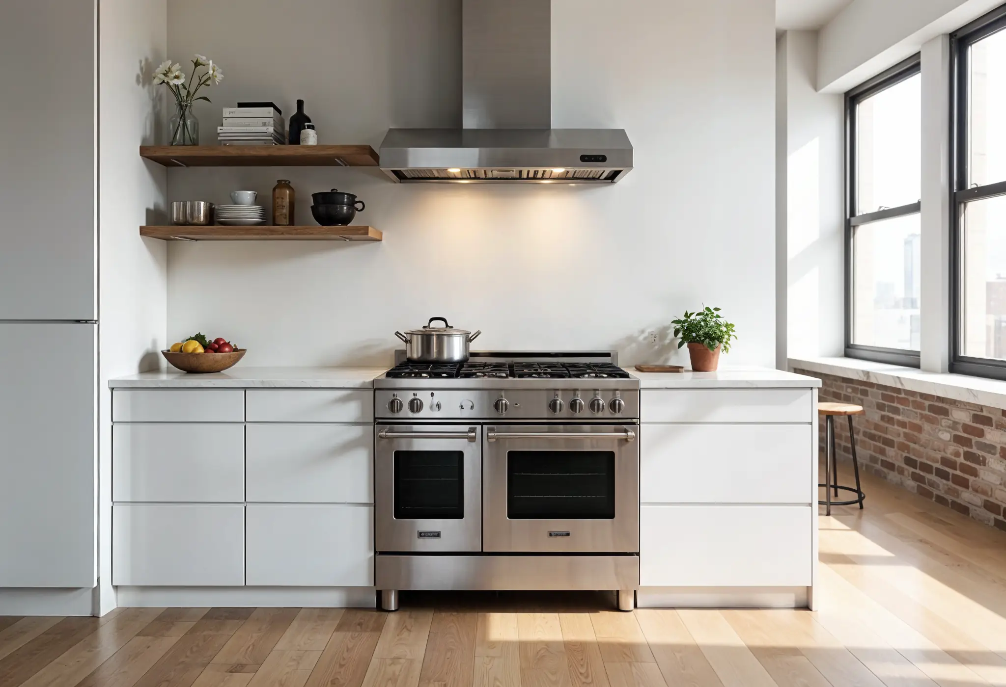 Freestanding stainless steel range with backguard in a Manhattan loft kitchen.