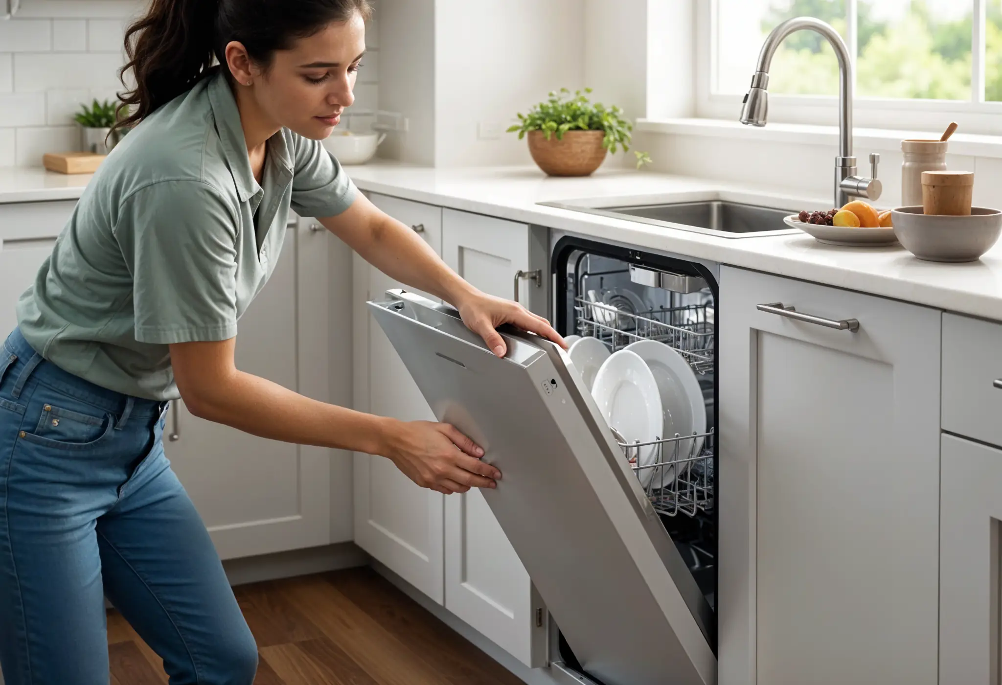 Panel-ready integrated dishwasher with soft-gray cabinetry in luxury kitchen.