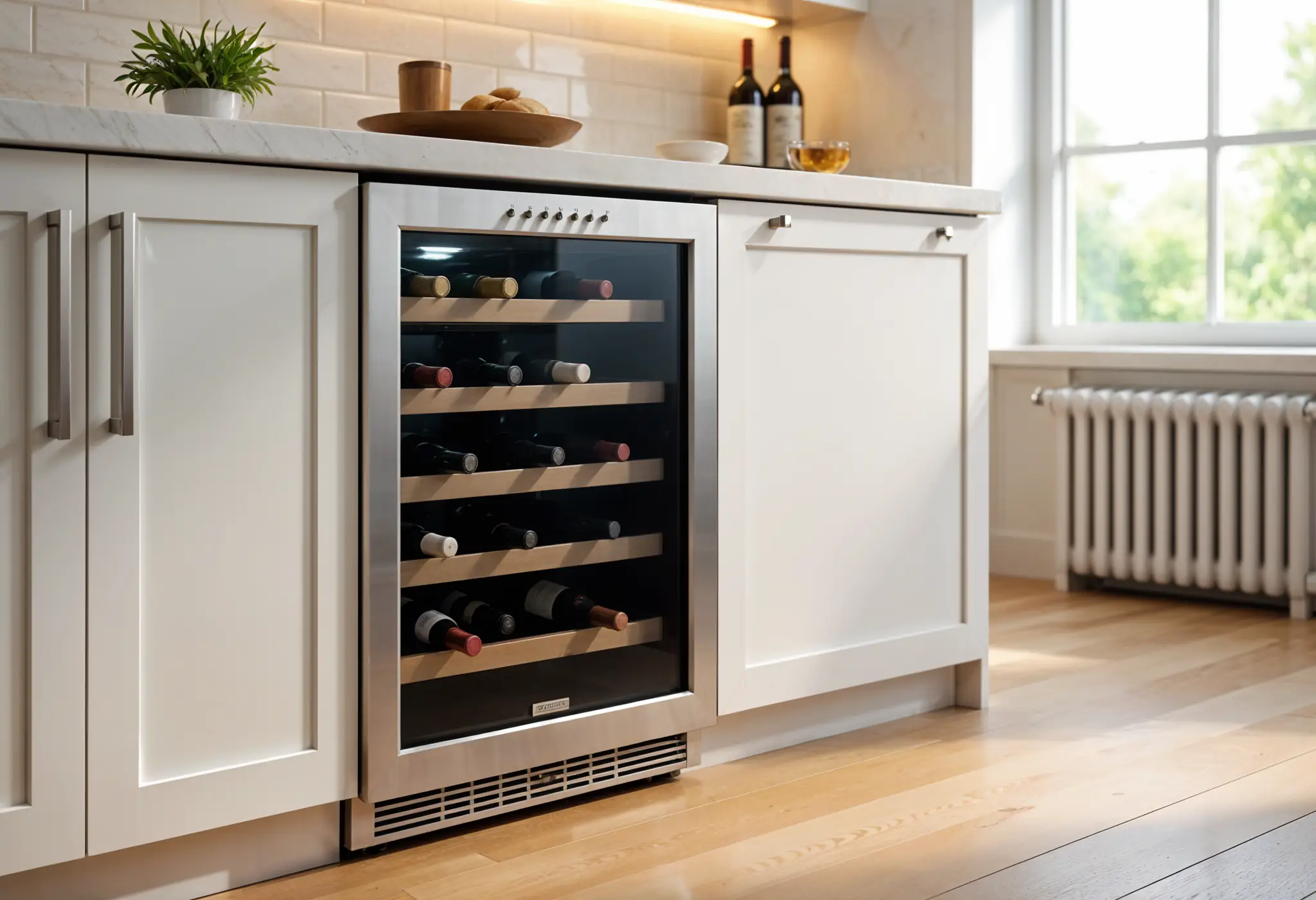 Undercounter wine cooler with tinted glass door in a Manhattan kitchen.
