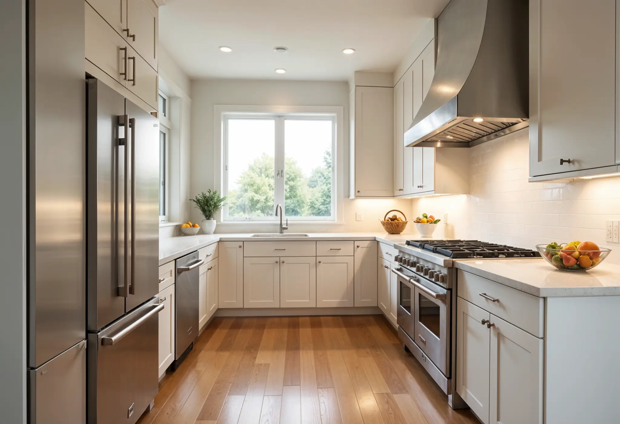 Luxury kitchen featuring integrated fridge and dishwasher with freestanding range and hood.