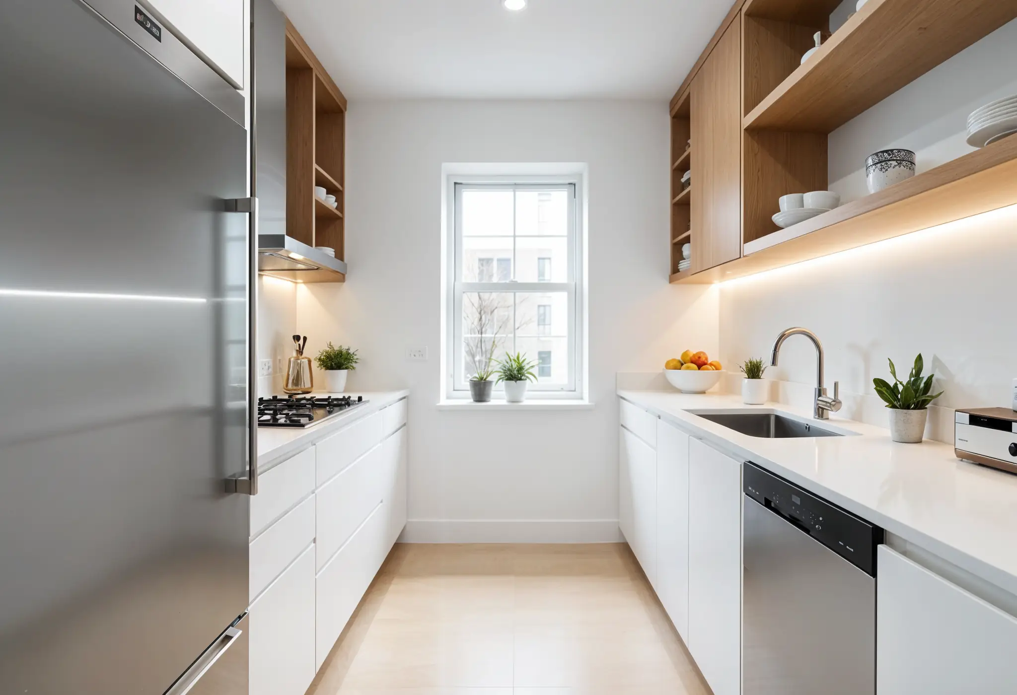 Compact Manhattan kitchen with integrated refrigerator and dishwasher in sleek white cabinetry.