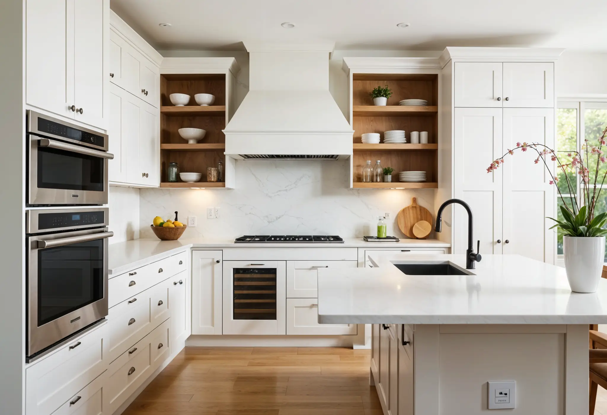 Transitional kitchen with integrated oven, wood details, and smart appliance integration.