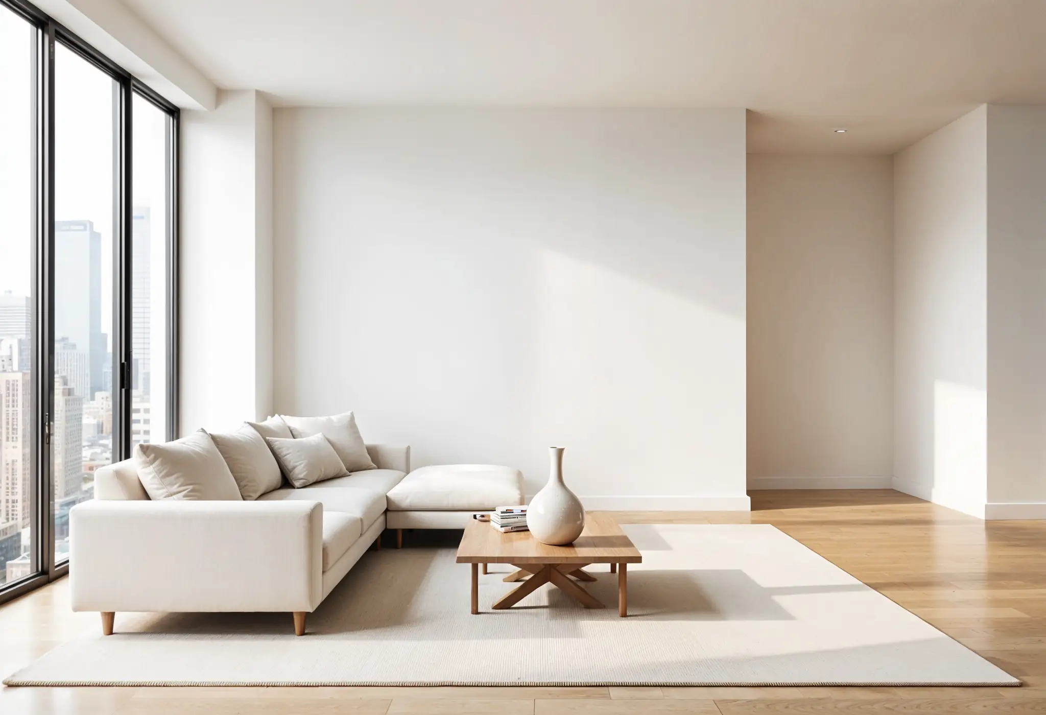 Minimalist Manhattan living room with neutral colors, clean lines, and natural light.