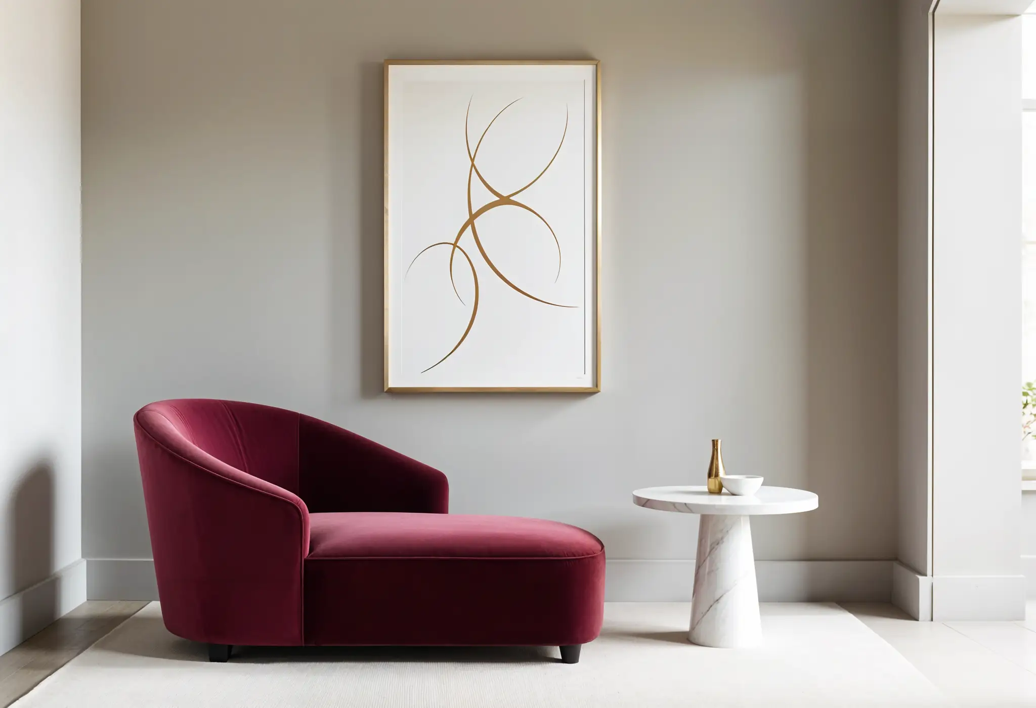 Minimalist maximalism living room with sculptural velvet chaise and abstract art.