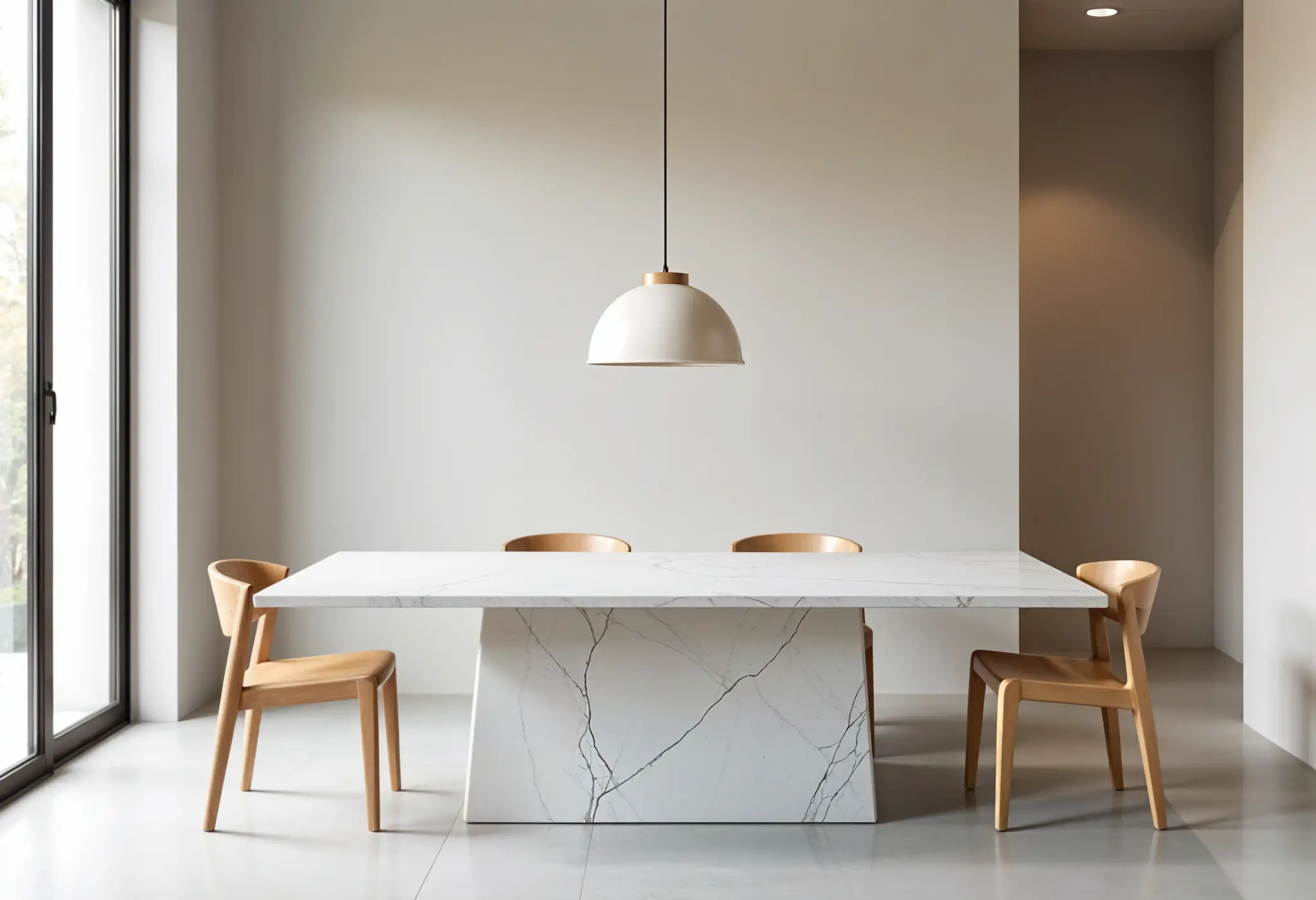 Minimalist dining room with marble table and oak chairs in a serene setting.