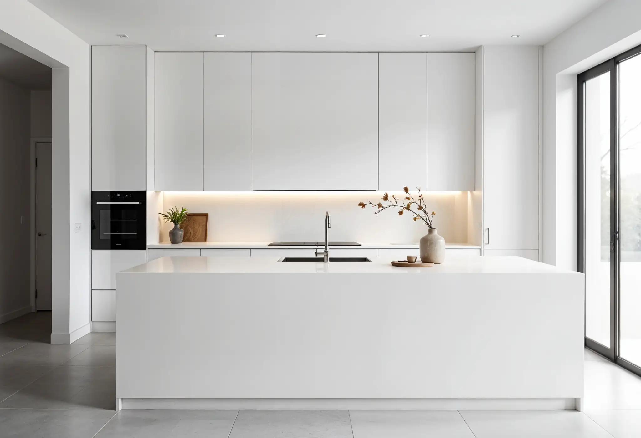 Minimalist luxury kitchen with clean white cabinetry and large quartz island.