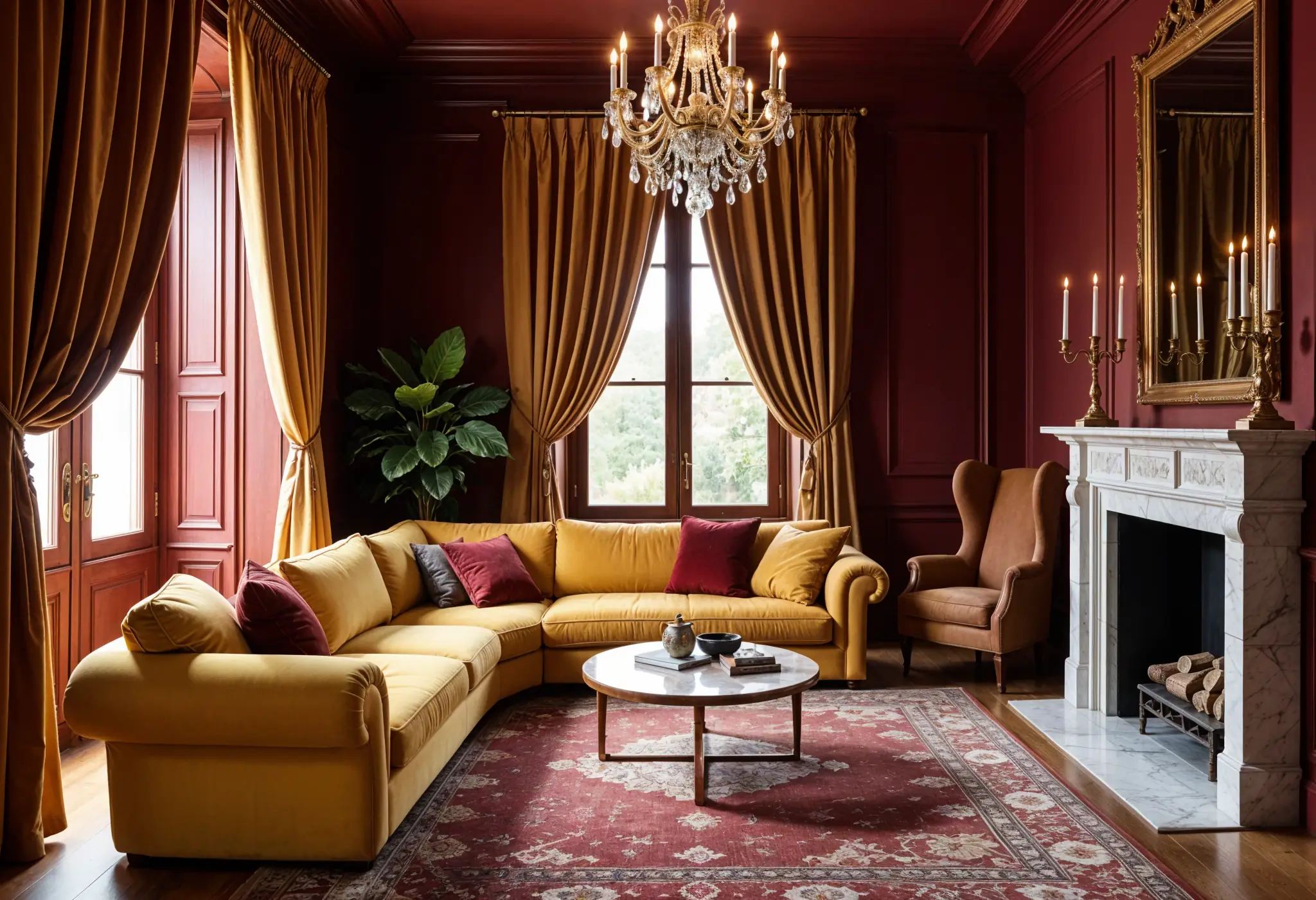 Maximalist sitting room with wine velvet walls, gold accents, and layered rugs.