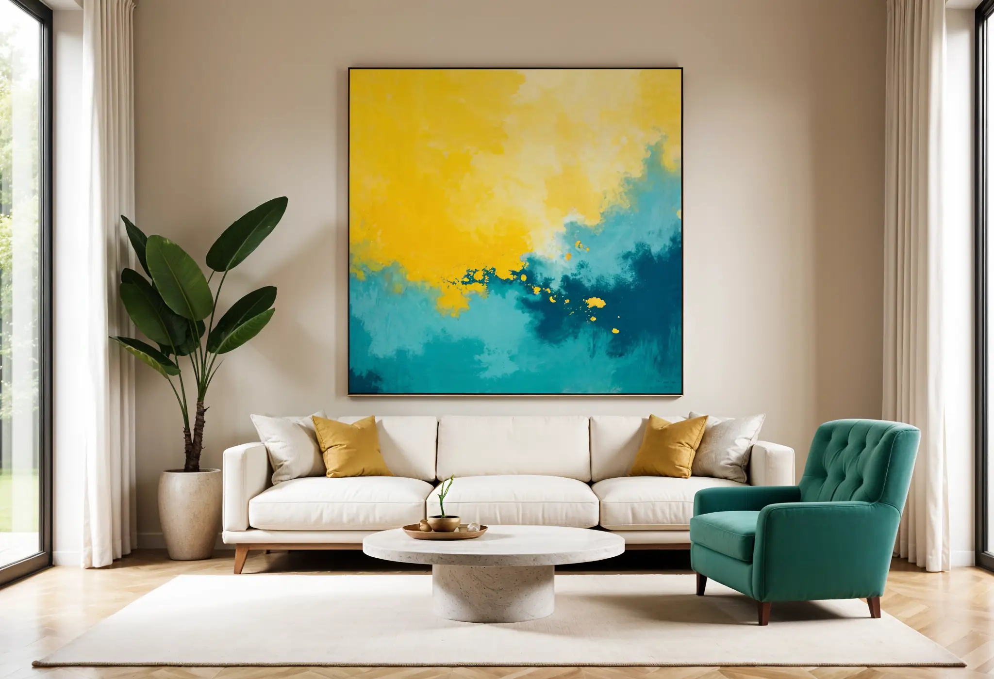 Minimalist maximalism living room with large abstract art and sculptural furniture.