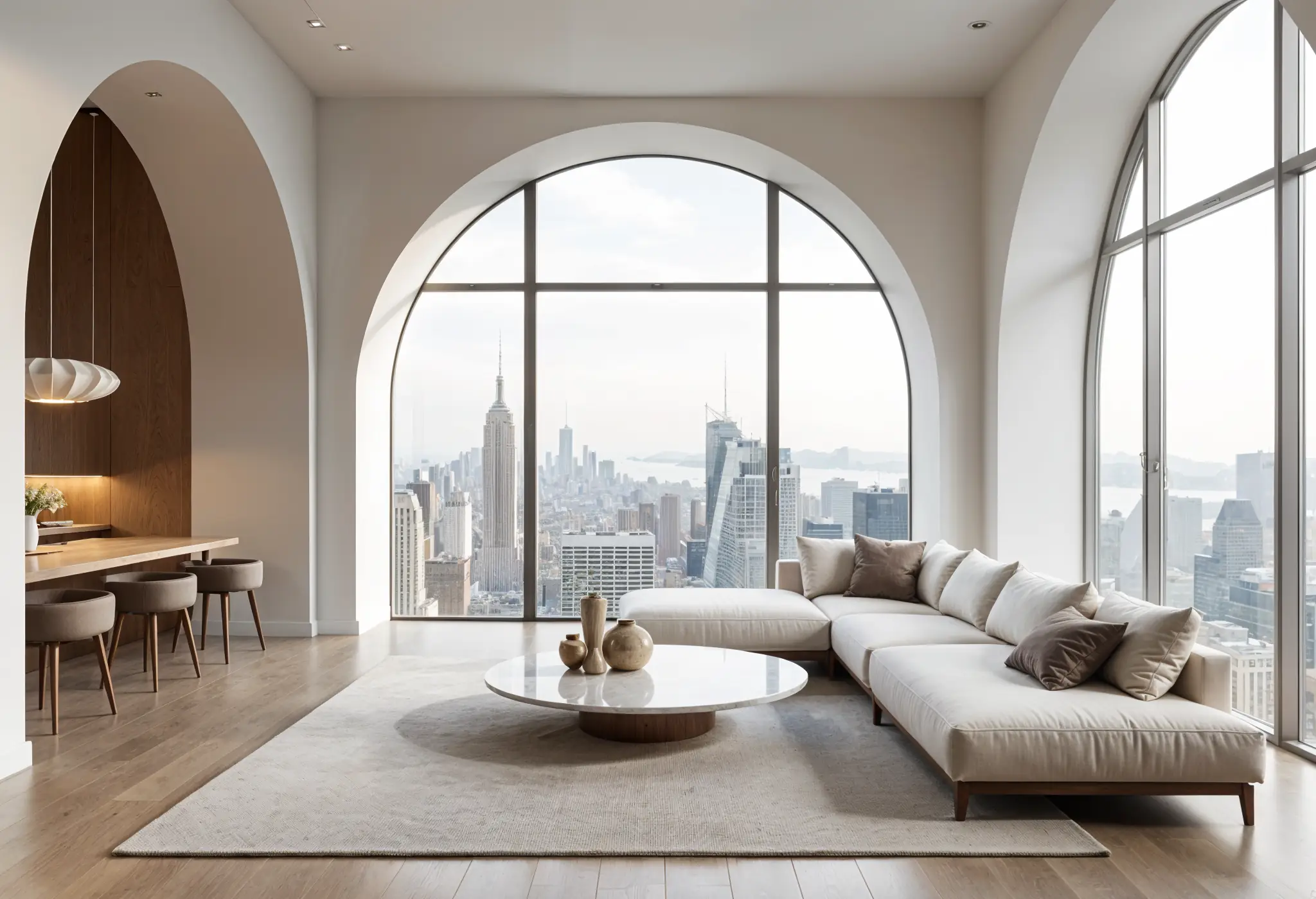 Minimalist Manhattan penthouse with curved lines and panoramic views.