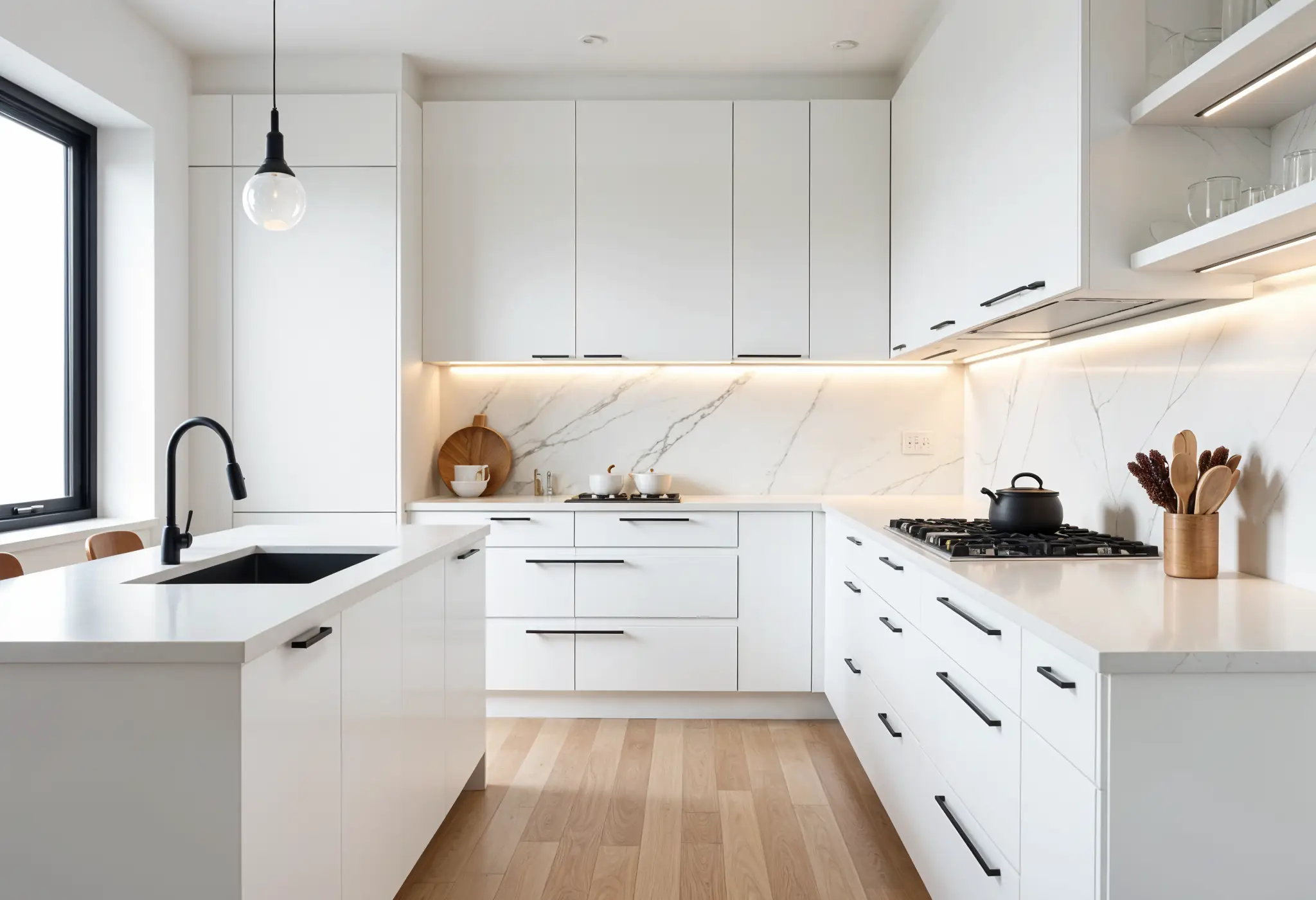 modern kitchen with white shaker cabinets and matte black bar pulls for luxury style