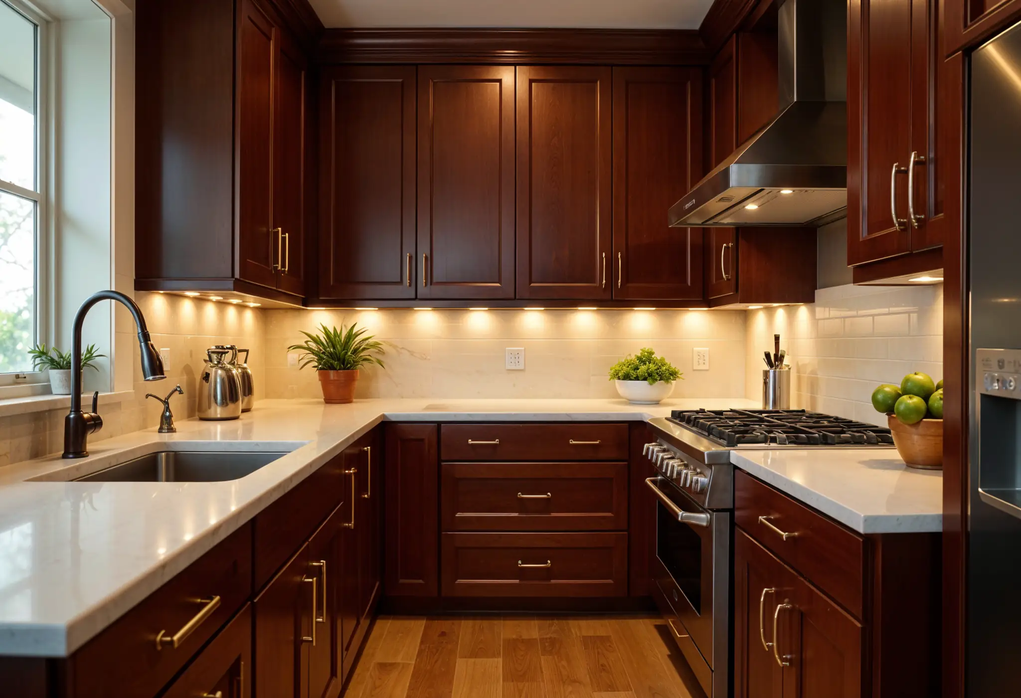 traditional kitchen with dark wood cabinets and ornate brass knobs and pulls