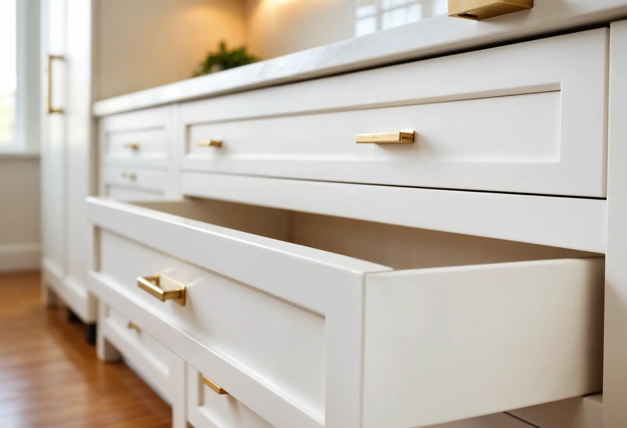 small luxury kitchen drawers with correctly sized brushed brass pulls