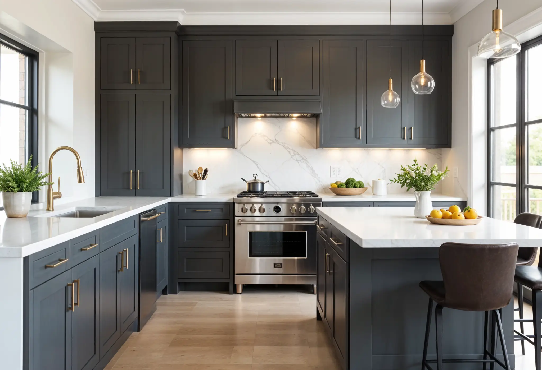 luxury kitchen with mixed metal hardware in matte black and brushed gold