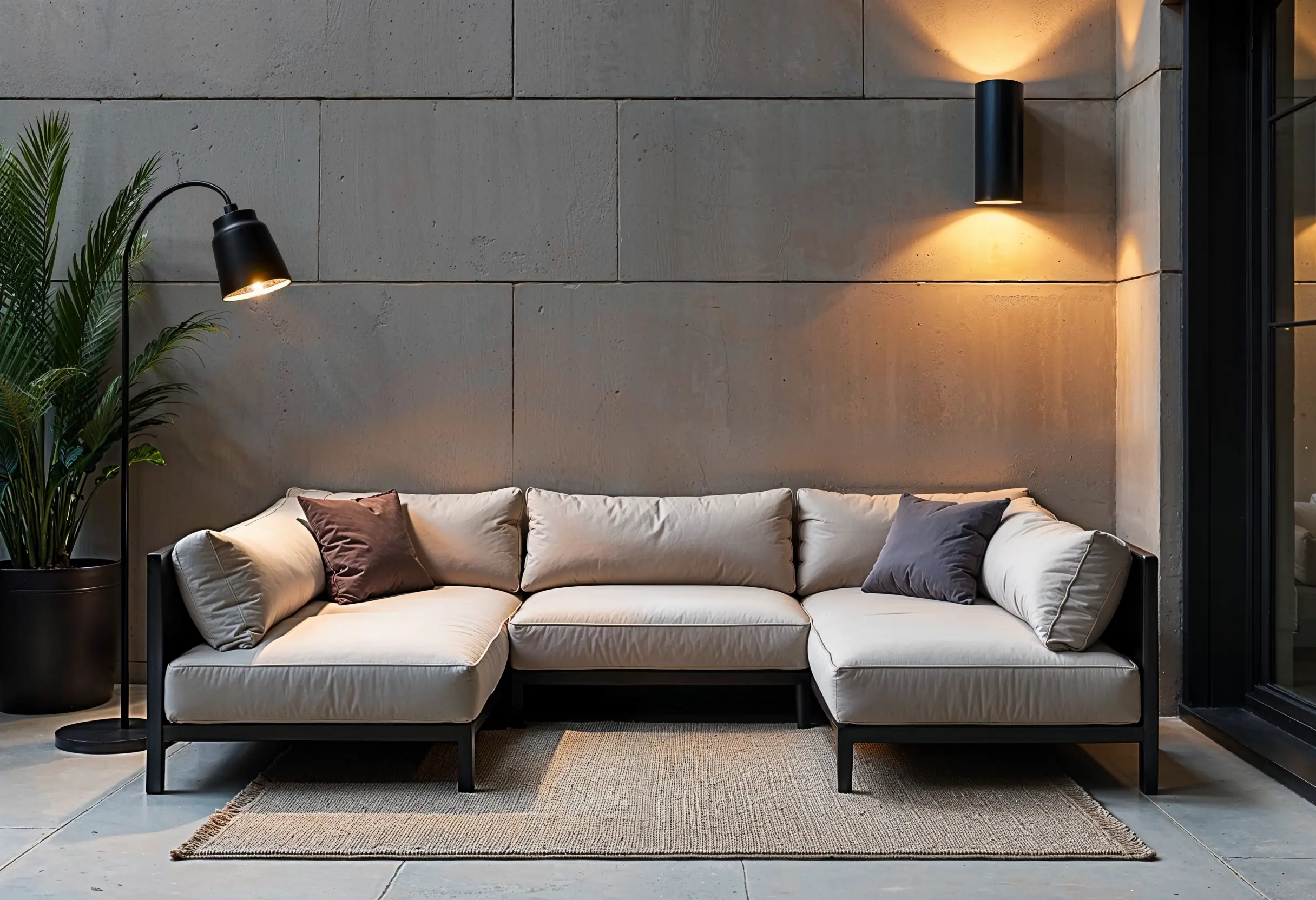 Luxury terrace seating area in Manhattan with floor lamp and wall sconce lighting.