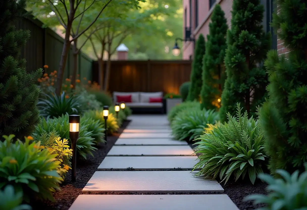 Elegant stone pathway in Manhattan garden with stake and bollard lighting.