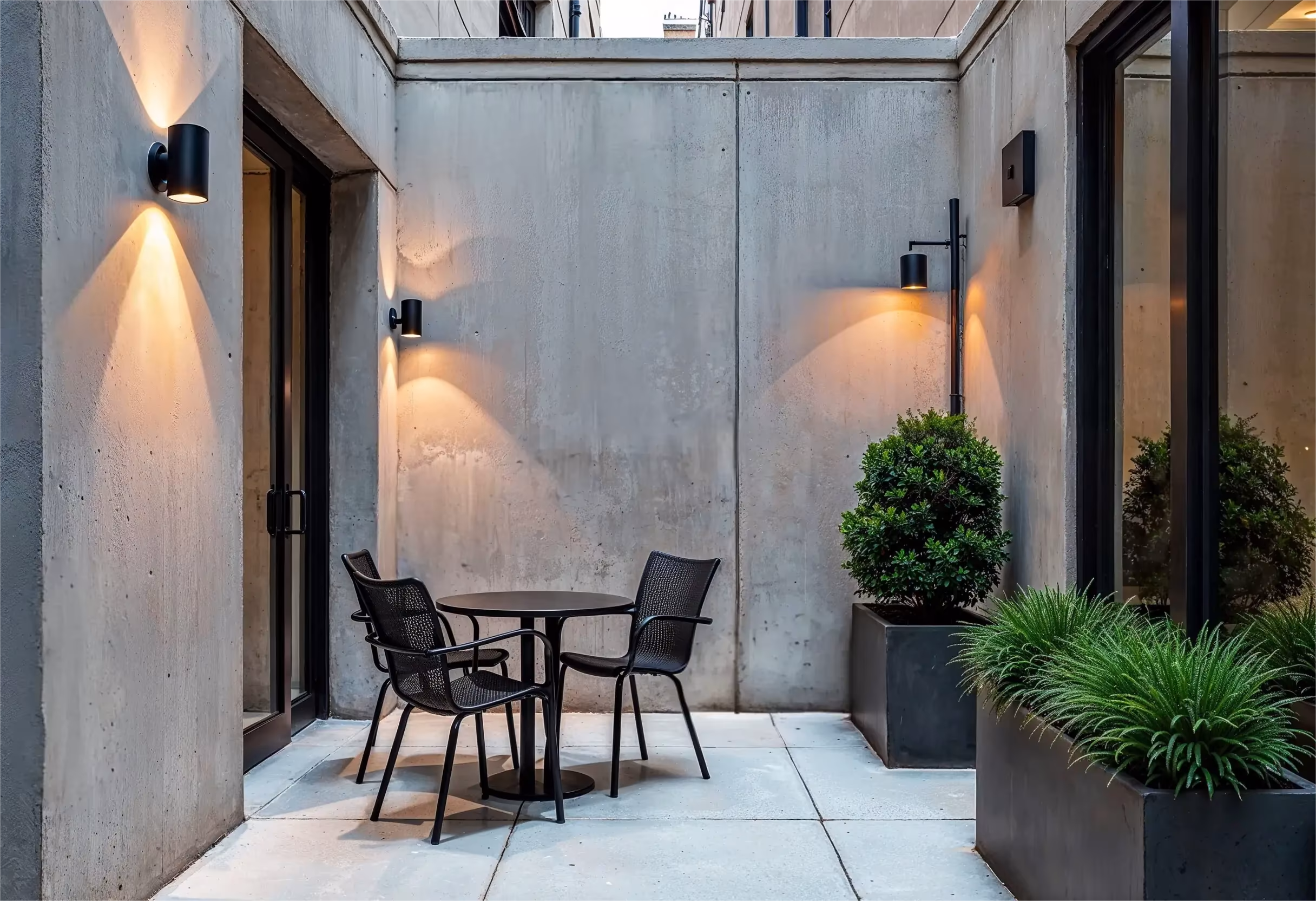 Modern Manhattan terrace with black metal wall sconces and concrete walls.