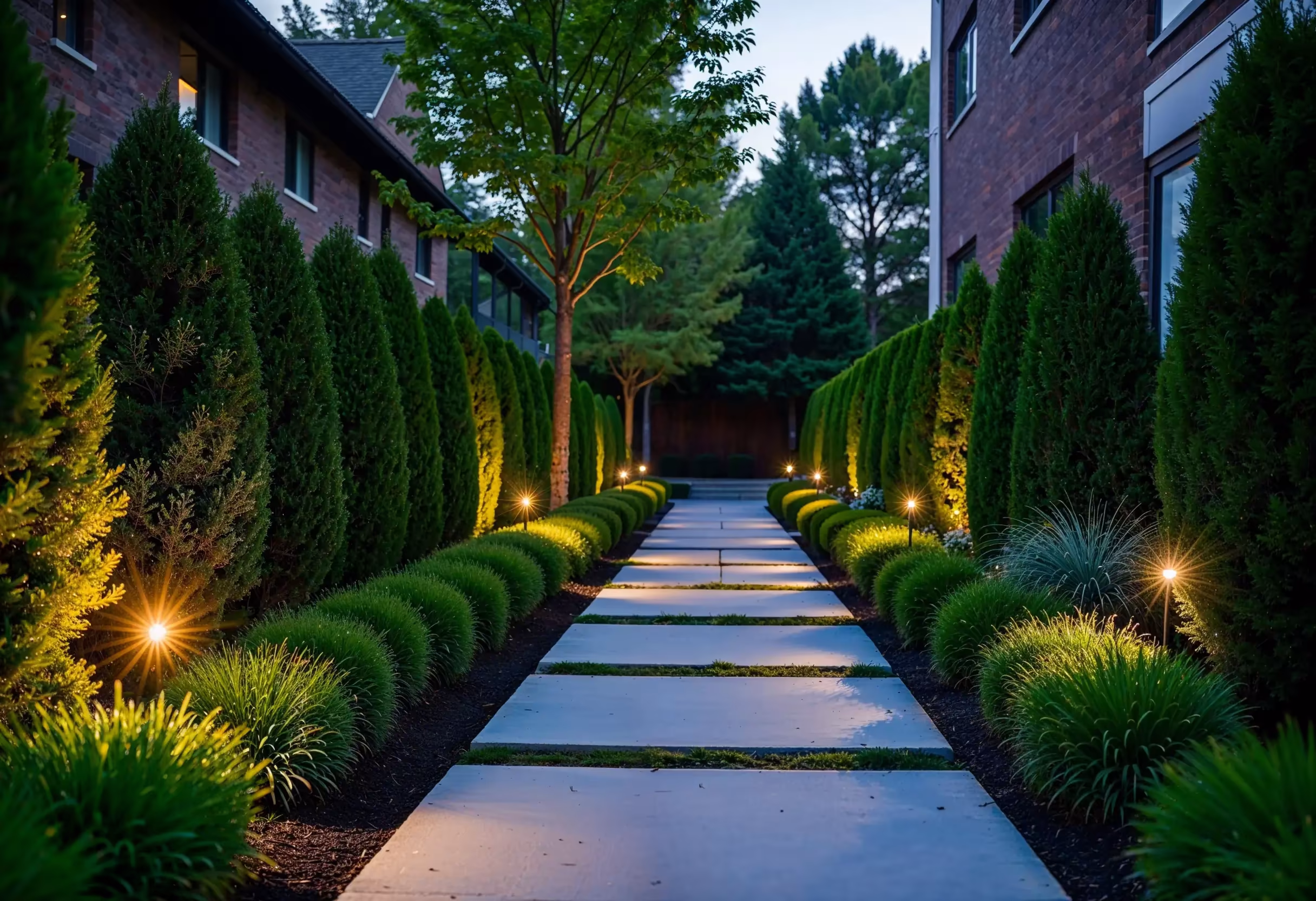 Modern Upper East Side garden with solar path lights at dusk.