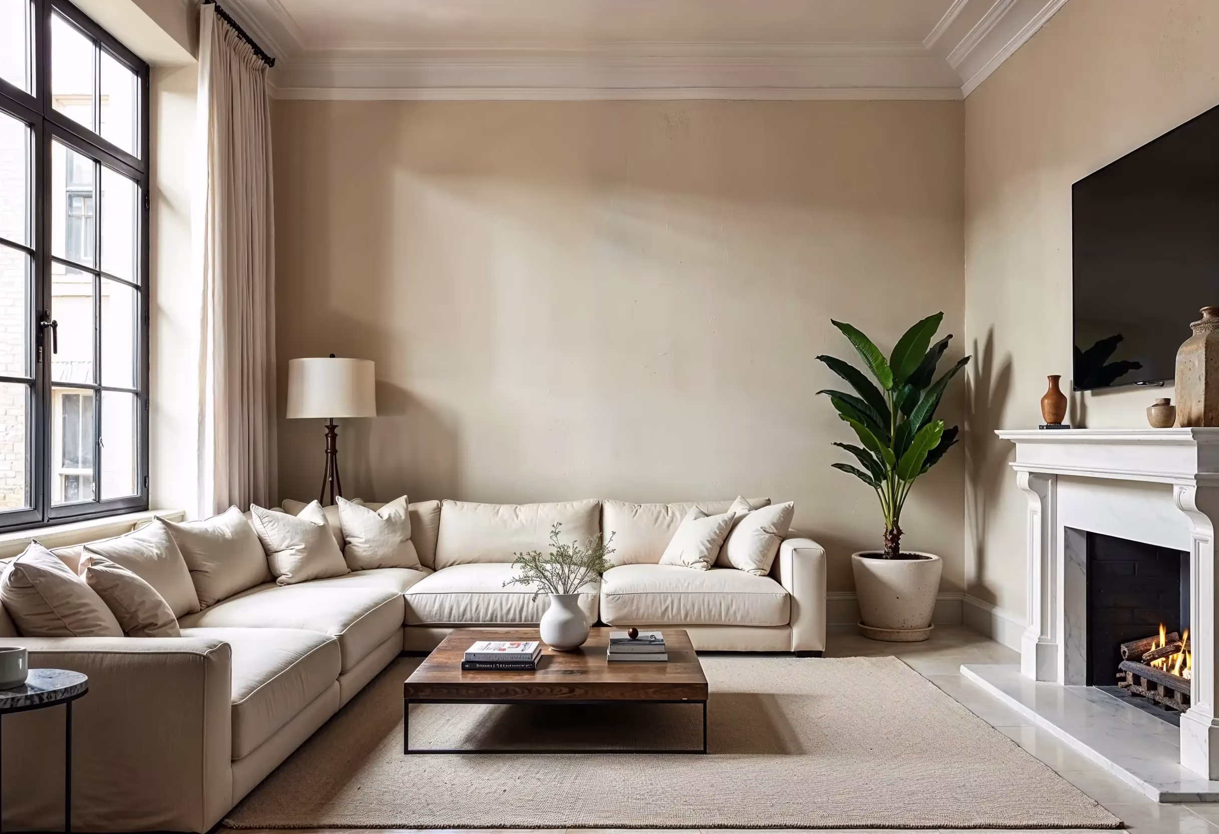 Smooth, burnished Venetian plaster wall in a luxury NYC brownstone living room with warm lighting.
