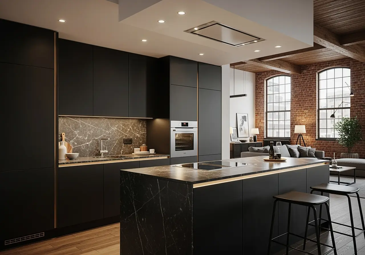 Manhattan loft kitchen with frameless matte black European cabinets.