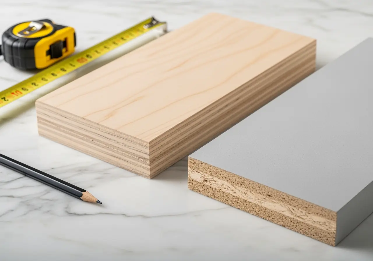 Close-up of plywood and particle board samples for frameless cabinet construction.