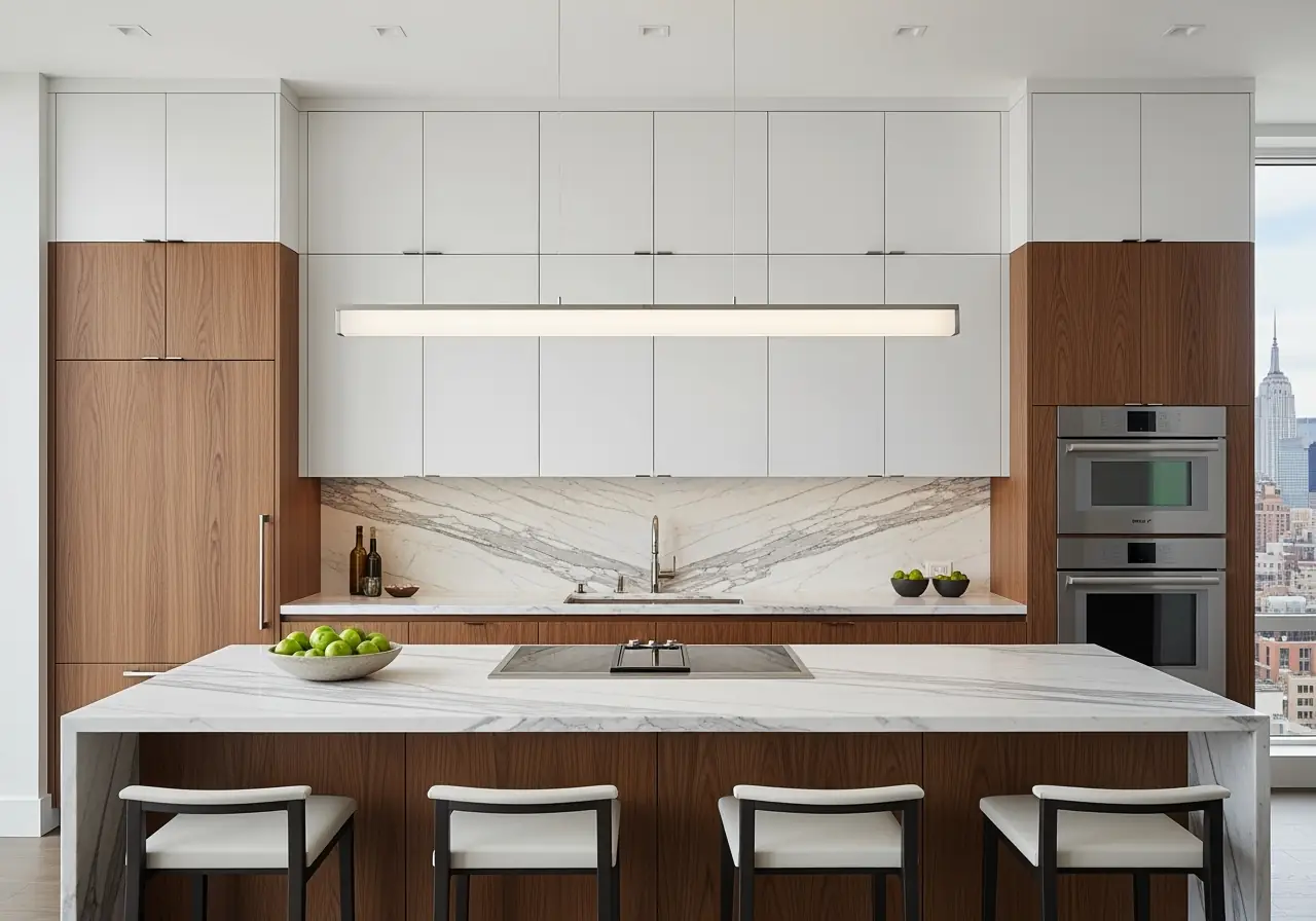 Manhattan penthouse kitchen with custom European frameless cabinets in two-tone design.