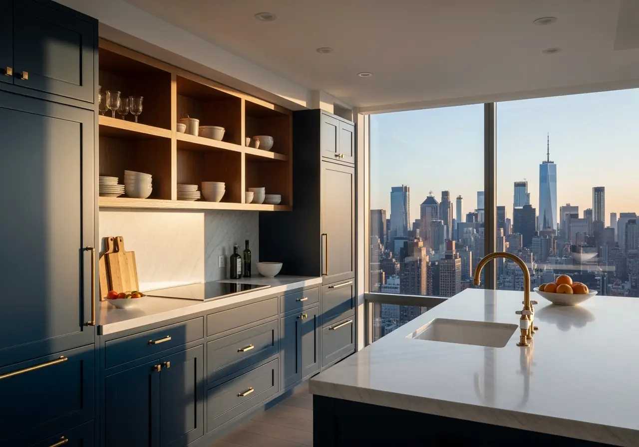 Manhattan high-rise kitchen with frameless navy blue cabinets and brass hardware.