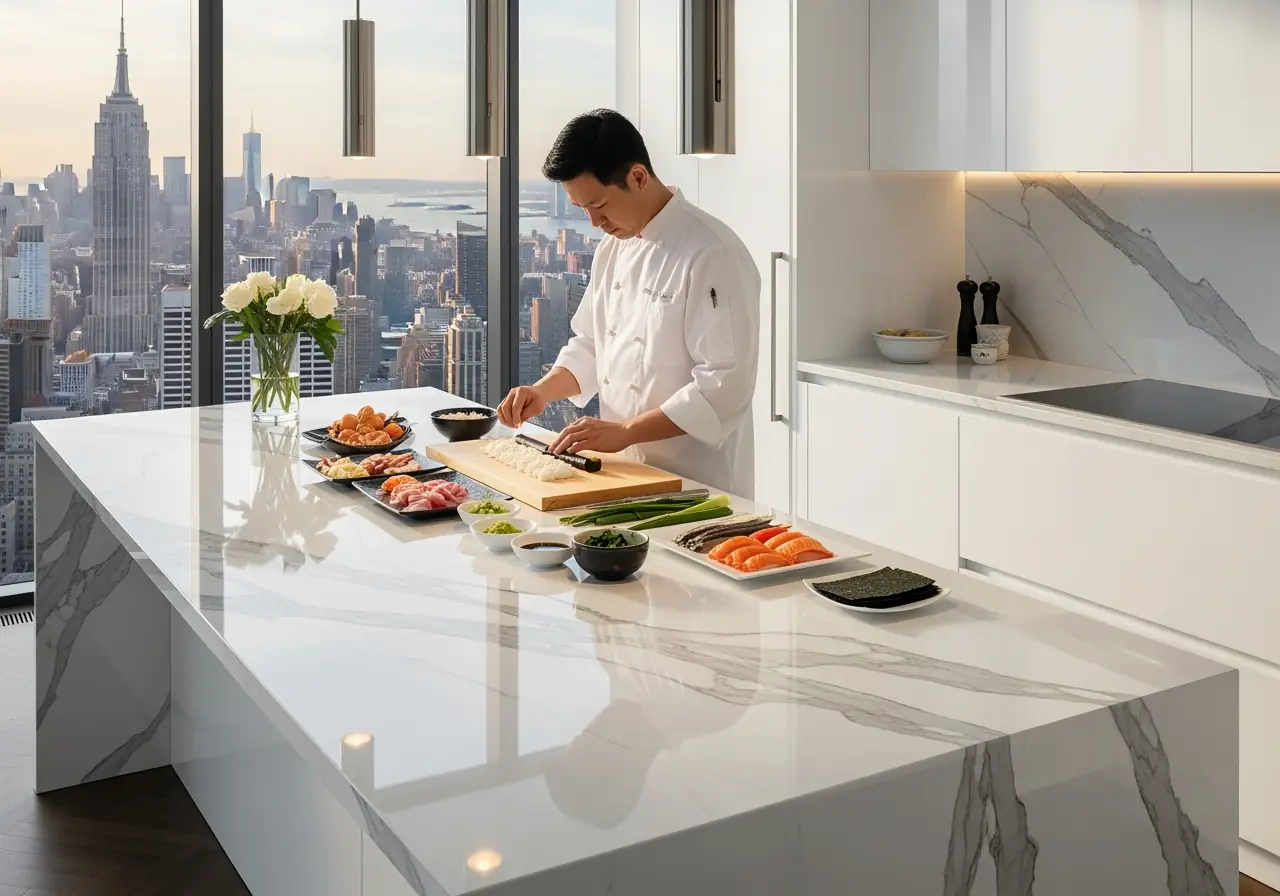 An ultra-realistic photo of white porcelain slab countertops with bold marble-like veining in a Manhattan penthouse kitchen.