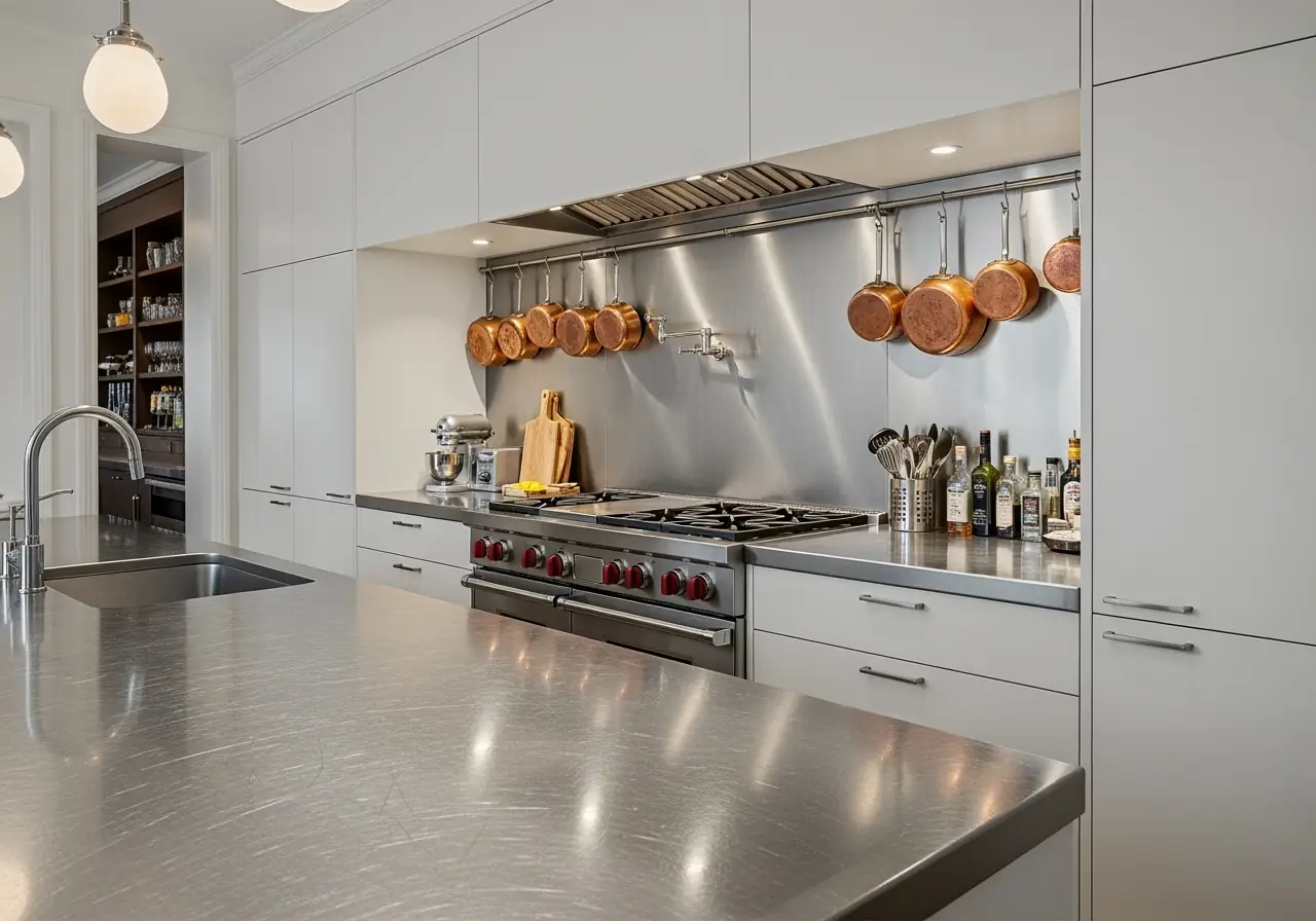 An ultra-realistic photo of brushed stainless steel countertops in a Manhattan kitchen with copper cookware accents.