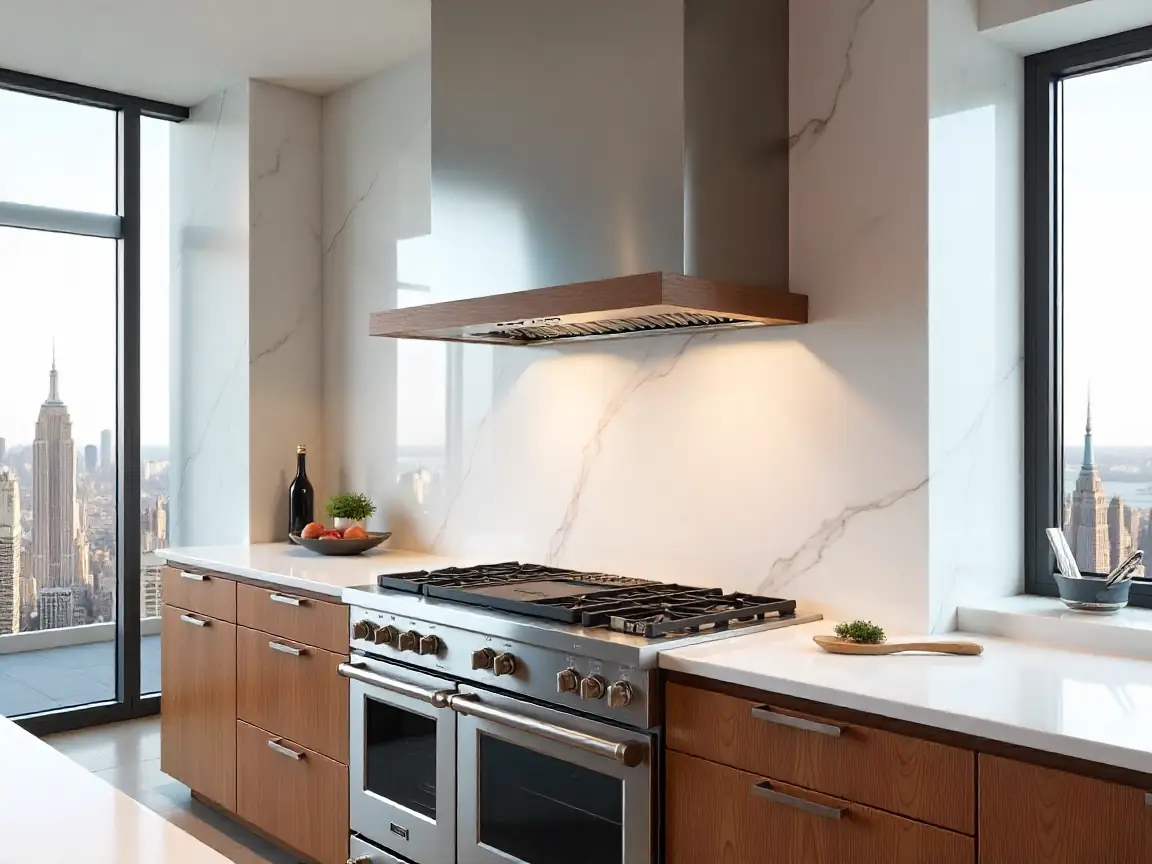 Custom hybrid range hood with stainless steel and wood trim in Manhattan penthouse.