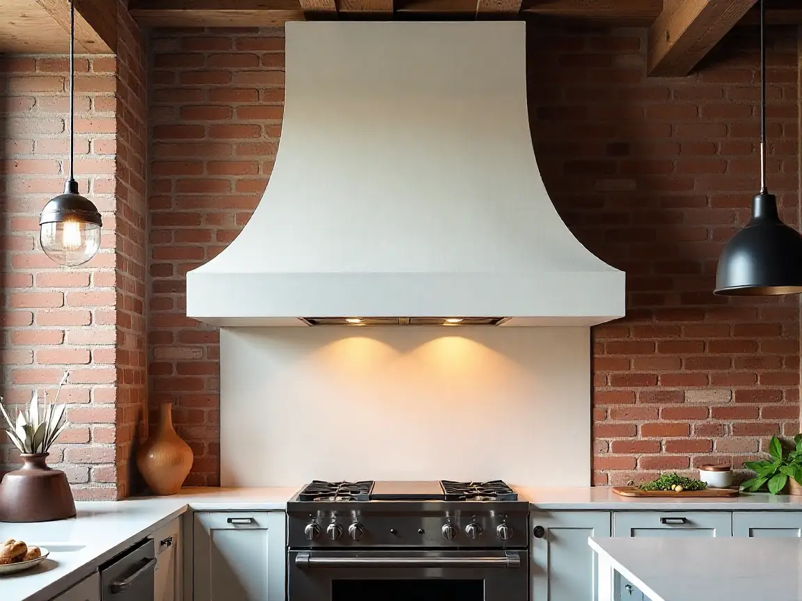 Sculptural Venetian plaster custom range hood in Manhattan loft kitchen.
