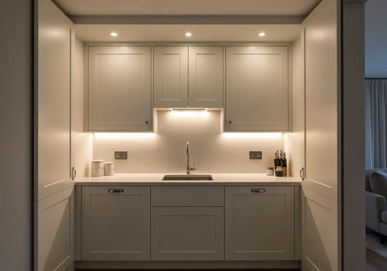 Hidden kitchen Manhattan design with under-cabinet LED and recessed ceiling lighting.