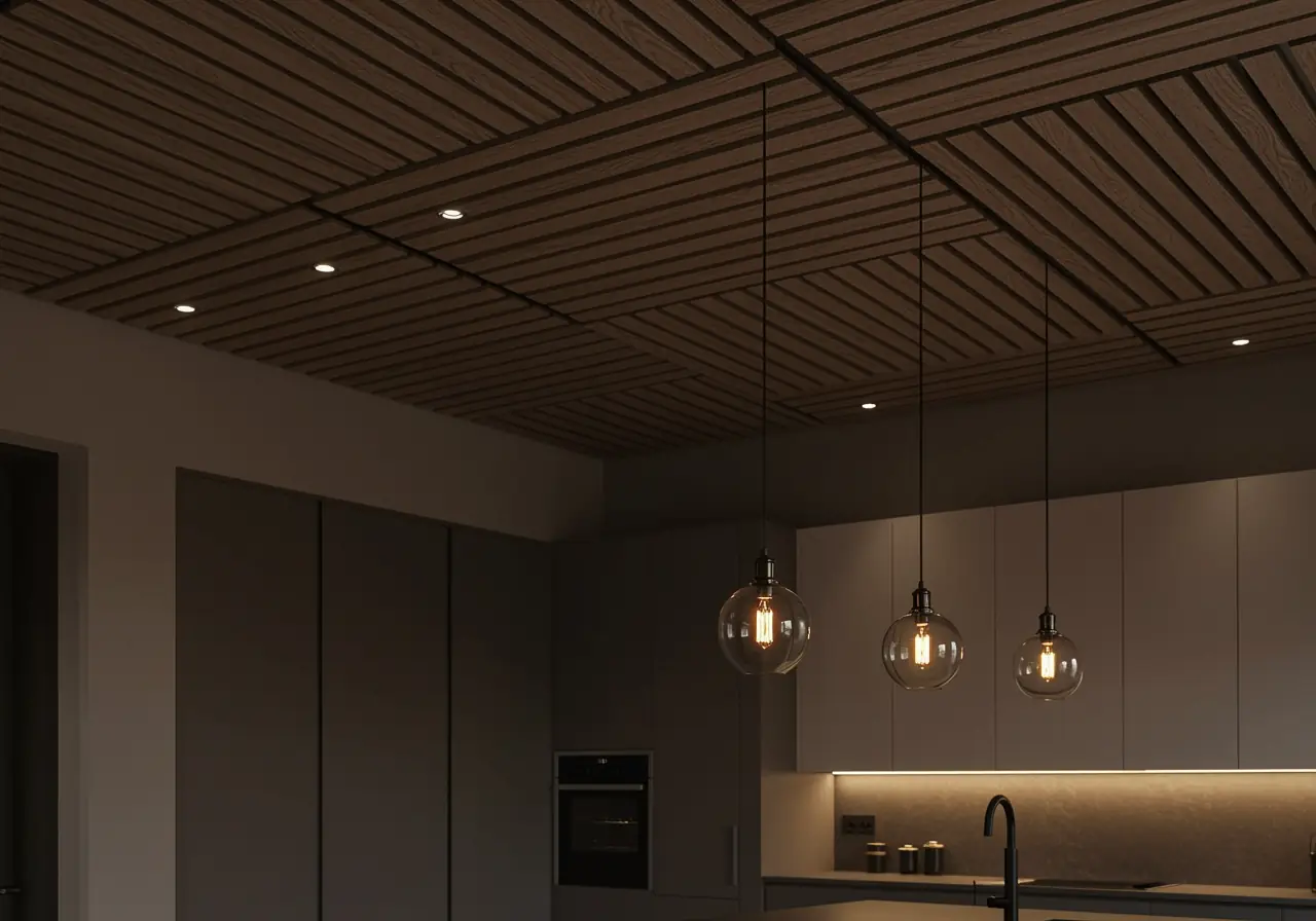 Acoustic ceiling panels and pendant lighting detail in a modern Manhattan kitchen.