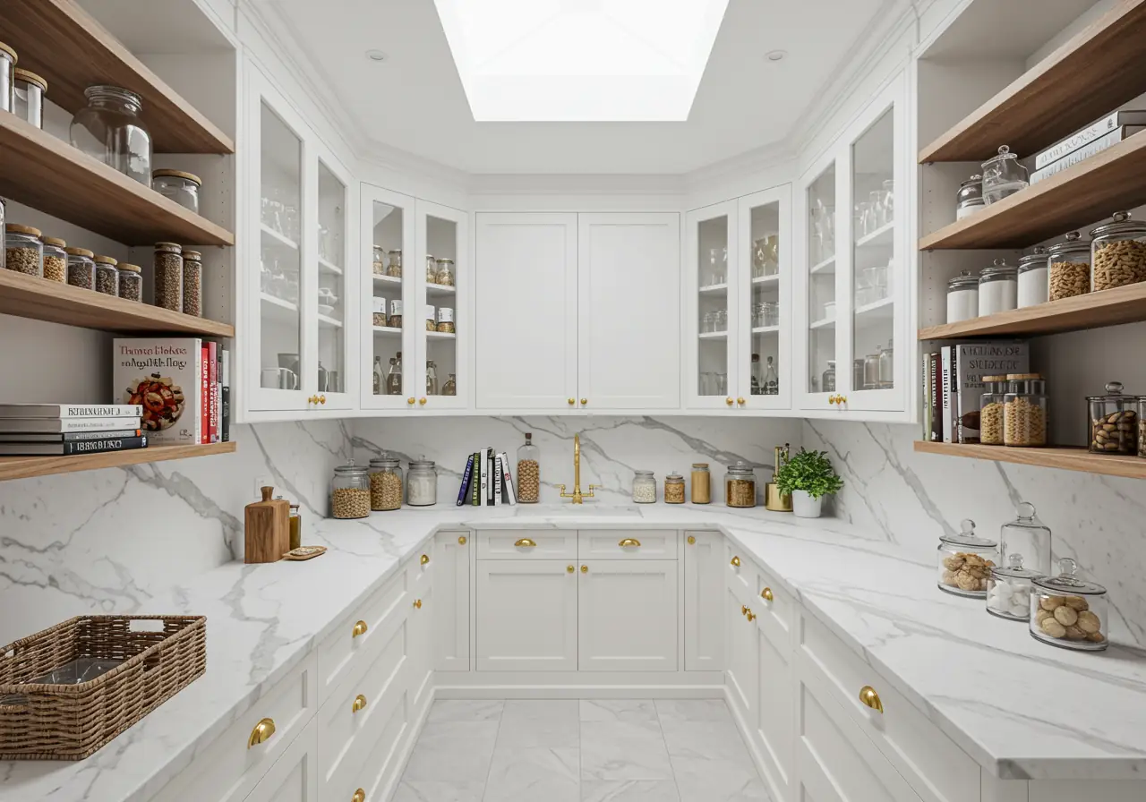 U-shaped walk-in pantry in Manhattan with white cabinetry and walnut shelving.