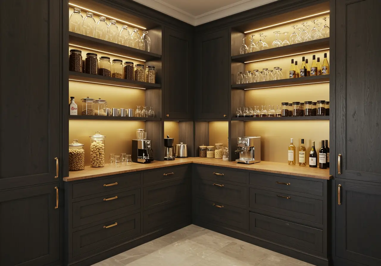 L-shaped Manhattan pantry with walnut shelving and under-shelf lighting.