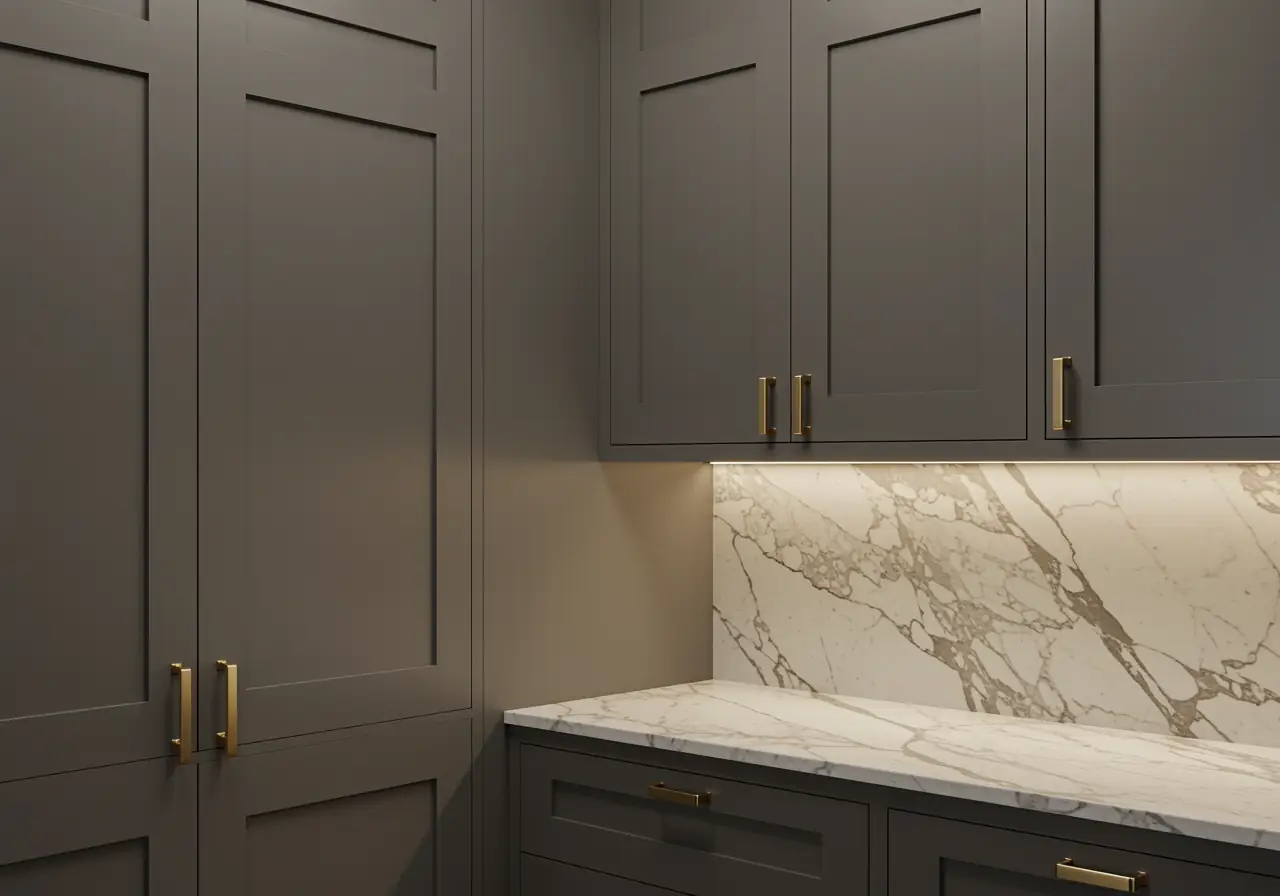 Custom millwork pantry in Manhattan with marble countertop and brass hardware.